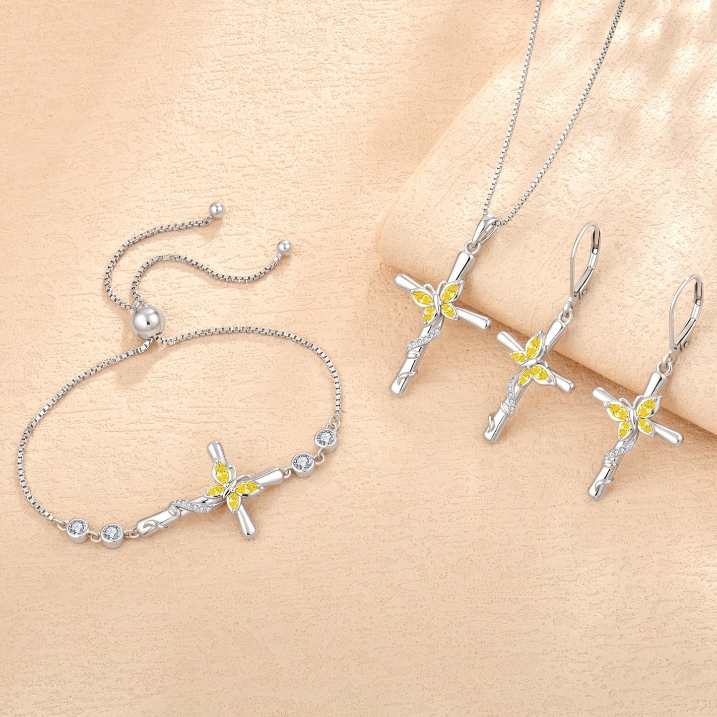 Blaniy Cross Necklace for Women 925 Sterling Silver Butterfly Necklace Citrine Pendant Necklaces November Birthstone Jewelry Gifts for Women