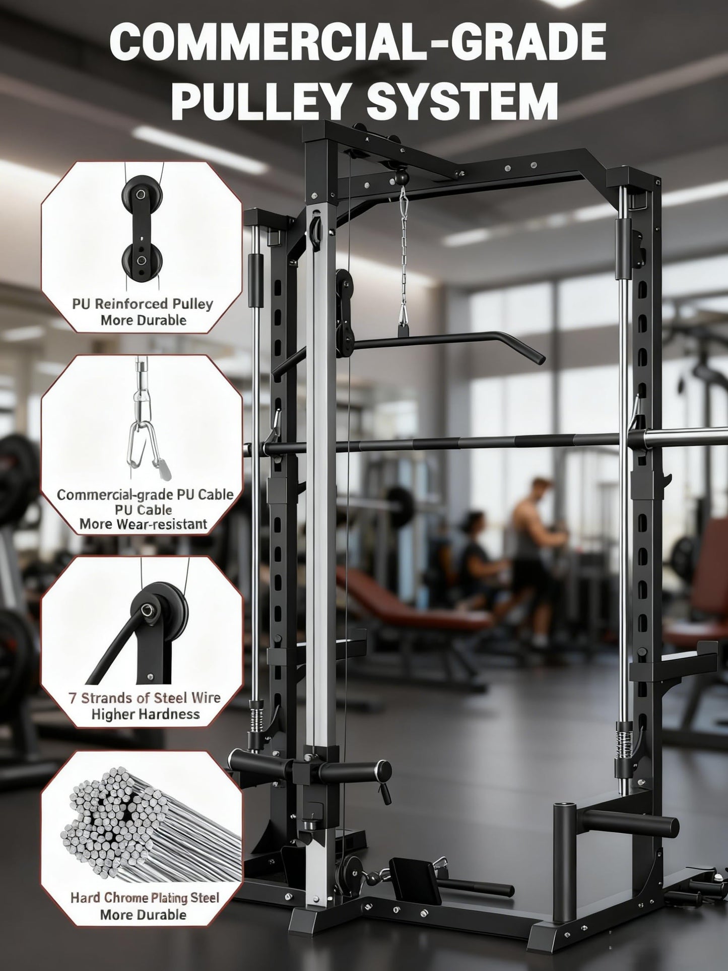 Smith Machine, Home Gym Multi-Functional Smith Machines, with Barbell Bar, Cable Crossover, LAT Pulldown, Spotter Arms, j Hooks and Landmine, Carbon Steel Half Rack for Full Body Strength Training
