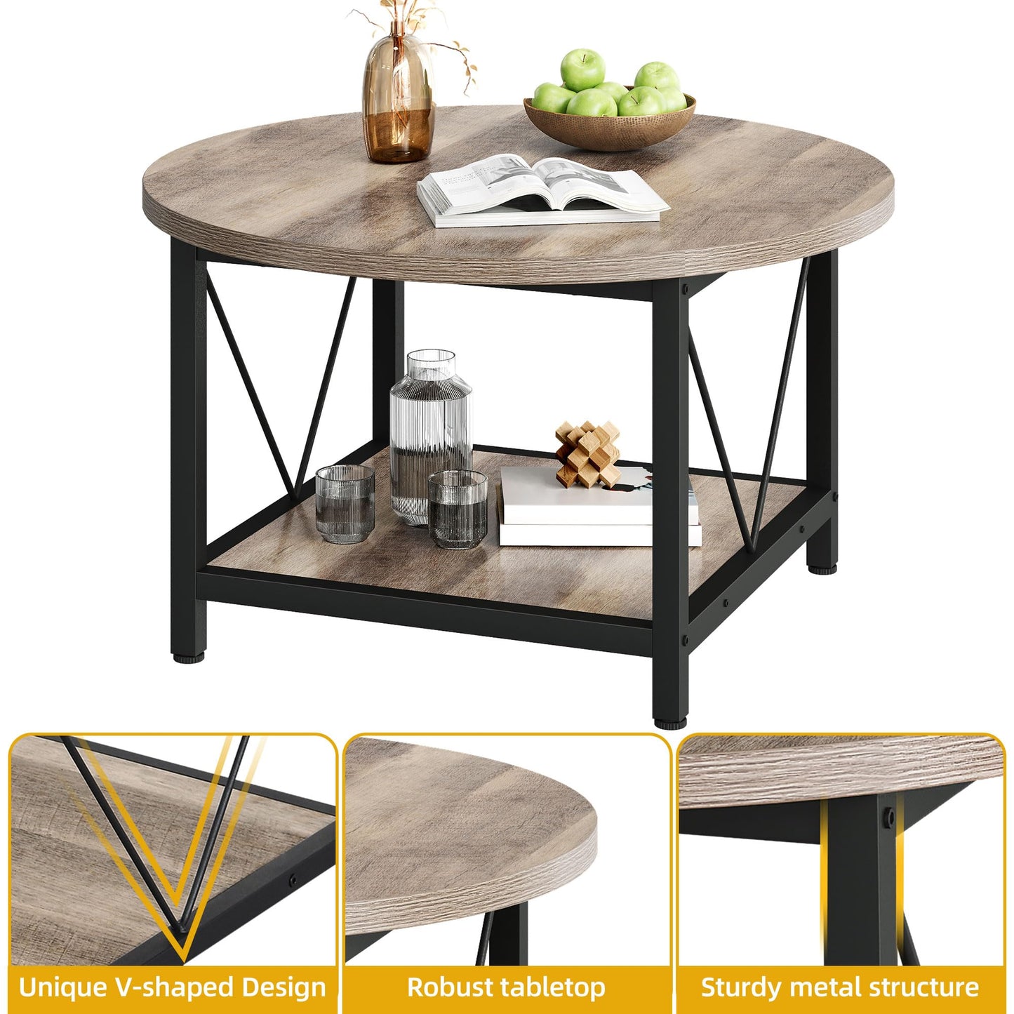 DWVO Round Coffee Tables for Living Room, Small 2 Tier Circle Coffee Table with Storage Open Shelf, Rustic Wooden Coffee Tables with Metal Frame Farmhouse Round Coffee Table for Home Office, Grey Wash