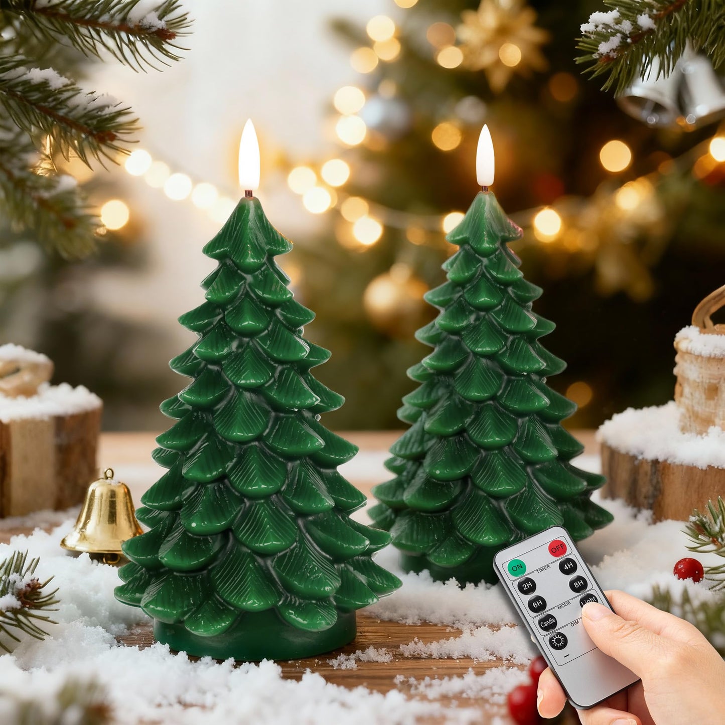 JOIONE Christmas Tree Flameless Candles with Remote Timer, Battery Operated Flickering Candles, LED Real Wax Candles for New Year Celebration, Christmas Decor, Set of 2, Green (3.15" X 7.48"")"