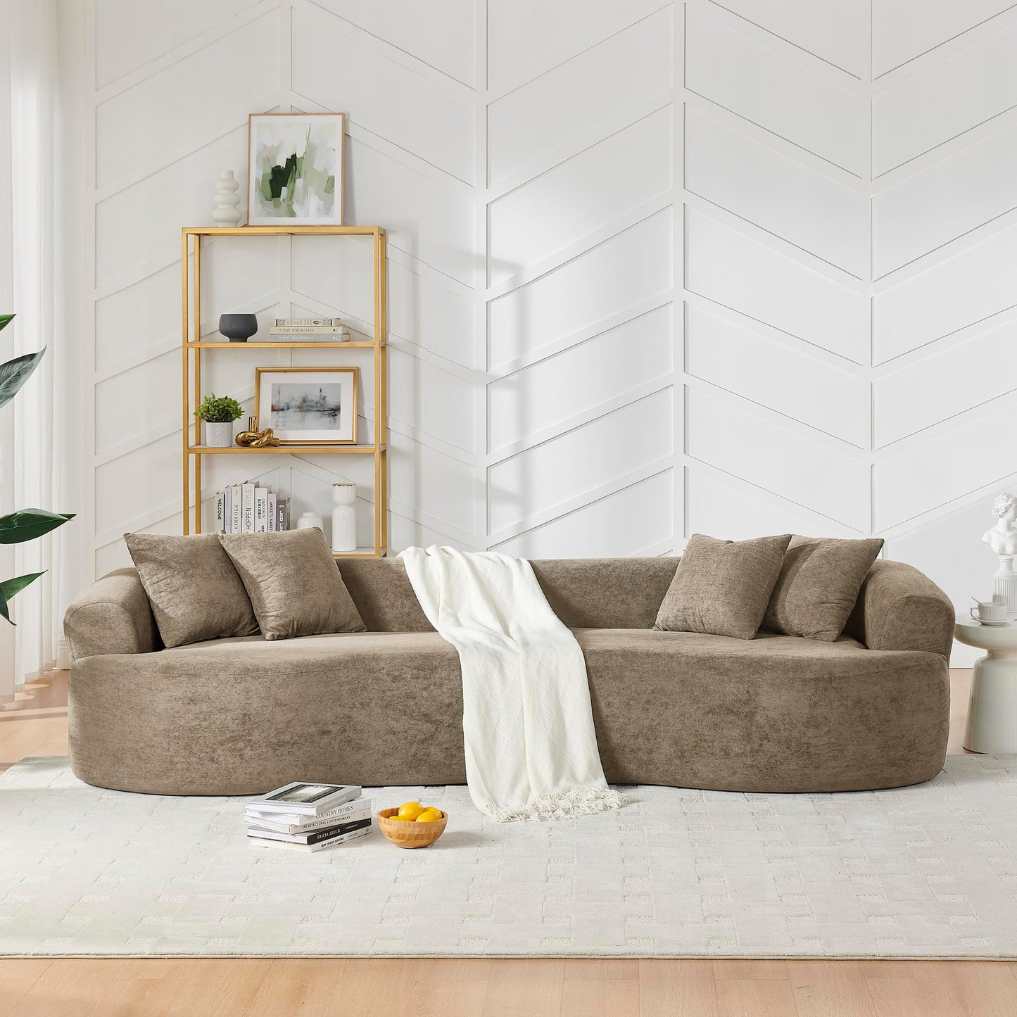 KEIKI 113" Oversized Chenille Curved Modular Sectional Sofa with High-Density Sponge, Upholstered Modern 4-Seater Compression Cloud Couch, No Assembly Needed, for Apartment, Living Room, Light Brown