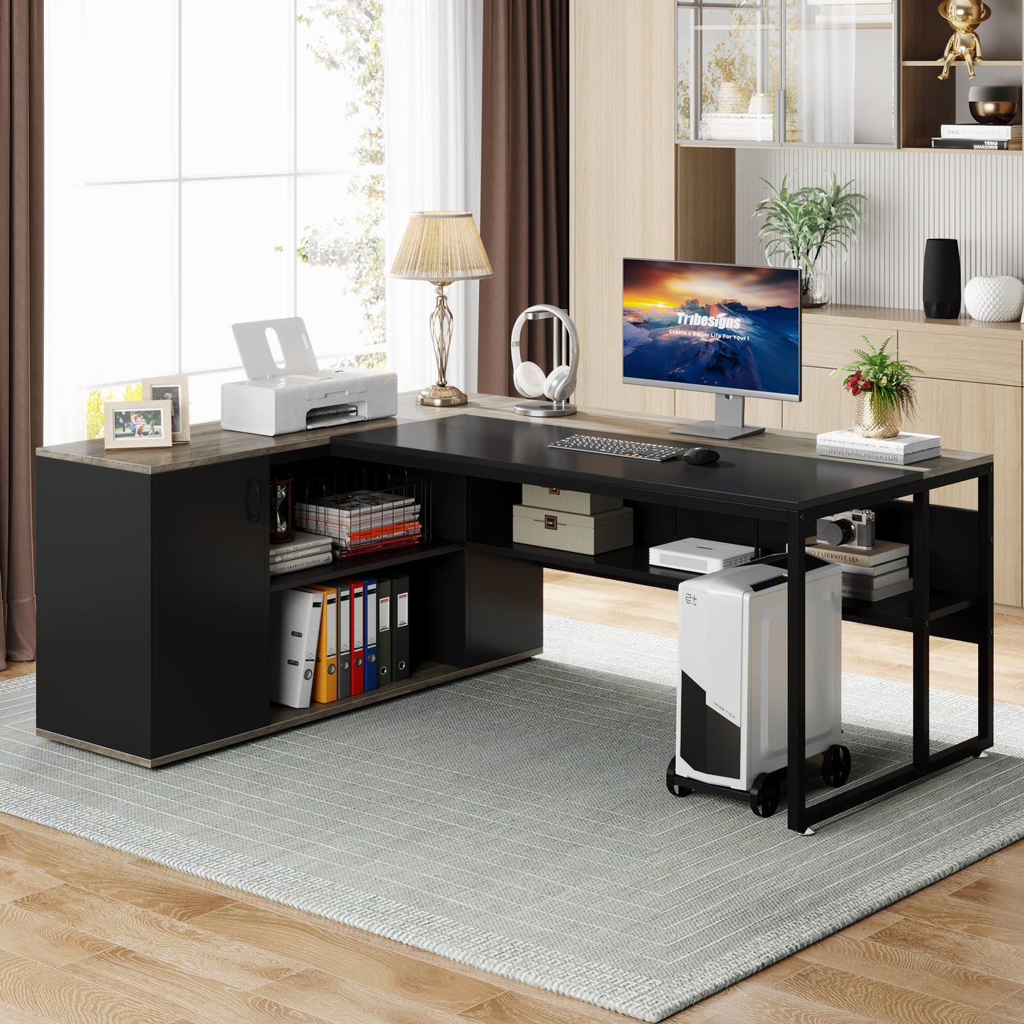 Tribesigns 71 inch Executive Desk, L Shaped Desk with Cabinet Storage, Executive Office Table with Shelves, Business Furniture Set Workstation for Home Office, Gray