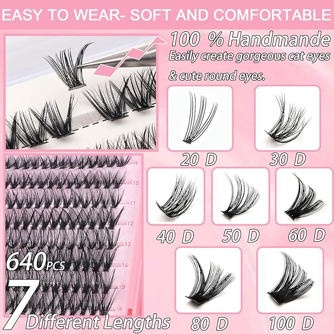 Lash Clusters Kit, 640 Pcs Eyelashes Clusters Extensions Kit 9-16mm Individual Lashes D Curl Fluffy Wispy False Eyelashes Thin Band, with Bond Seal Remover Tweezers Brush DIY (80D+100D Kit 9-16mm)