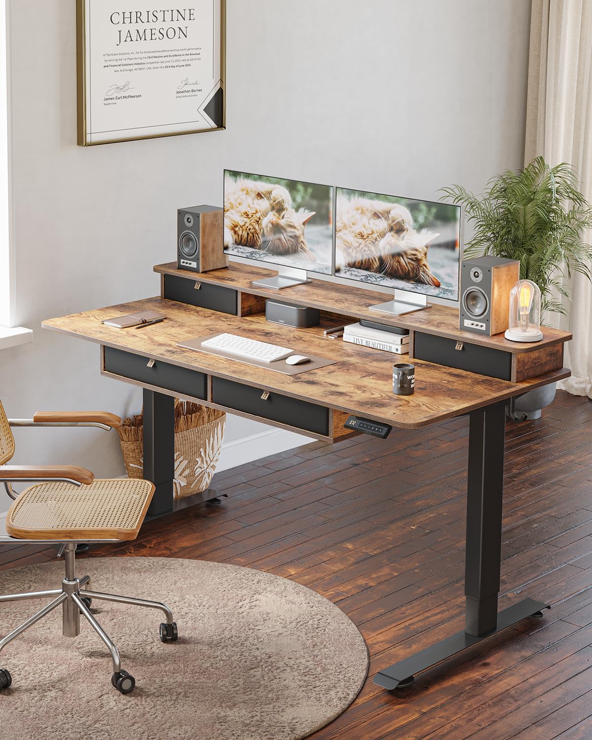 FEZIBO 48 x 24 inch Standing Desk with Drawers, Height Adjustable Electric Workstation, Computer Sit Stand Up Table with Large Storage Shelf 4 Drawers and 2 Hooks, Rustic Brown