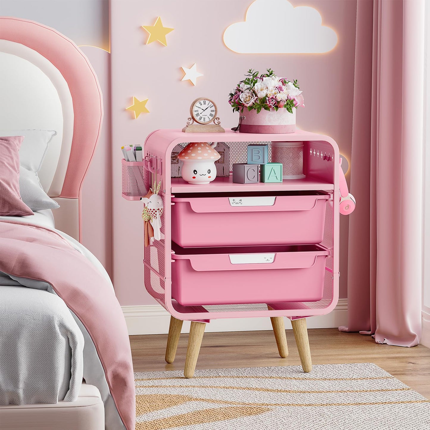 SYKIARIOL Pink Nightstand, Cute End Table with Storage Drawer, Kids Nightstand for Bedroom Furniture, Bedside Table Small Desk Coffee Table for Living Room, Dorm, Office