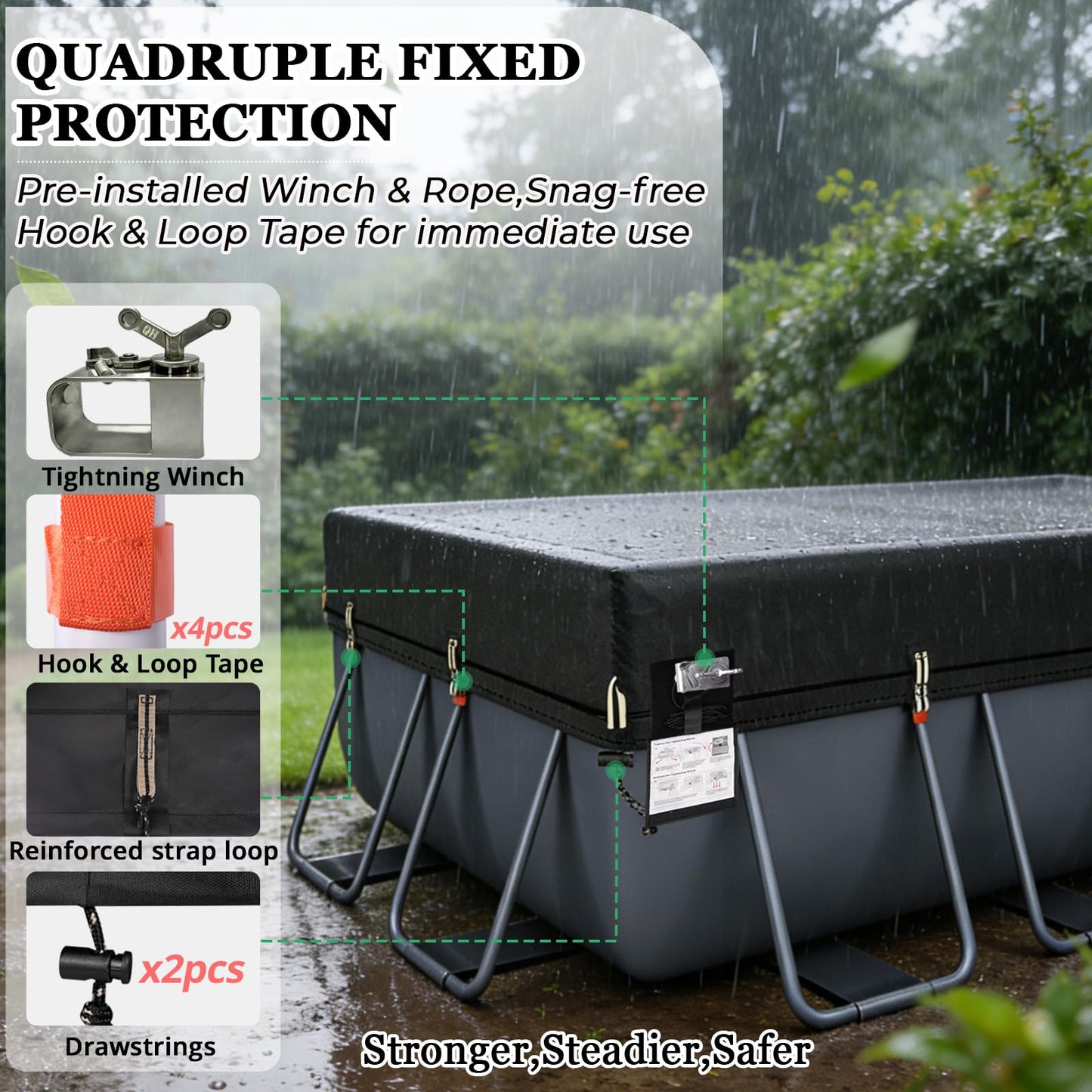 QH.HOME 550D 12x24 Ft Rectangular Pool Cover [Upgraded Tear Resistant & Quadruple Windpoof]wth Pre-Installed Winch and Rope,Pool Covers for Above Ground Pools Rectangle-Snug Fit&Waterproof Protection