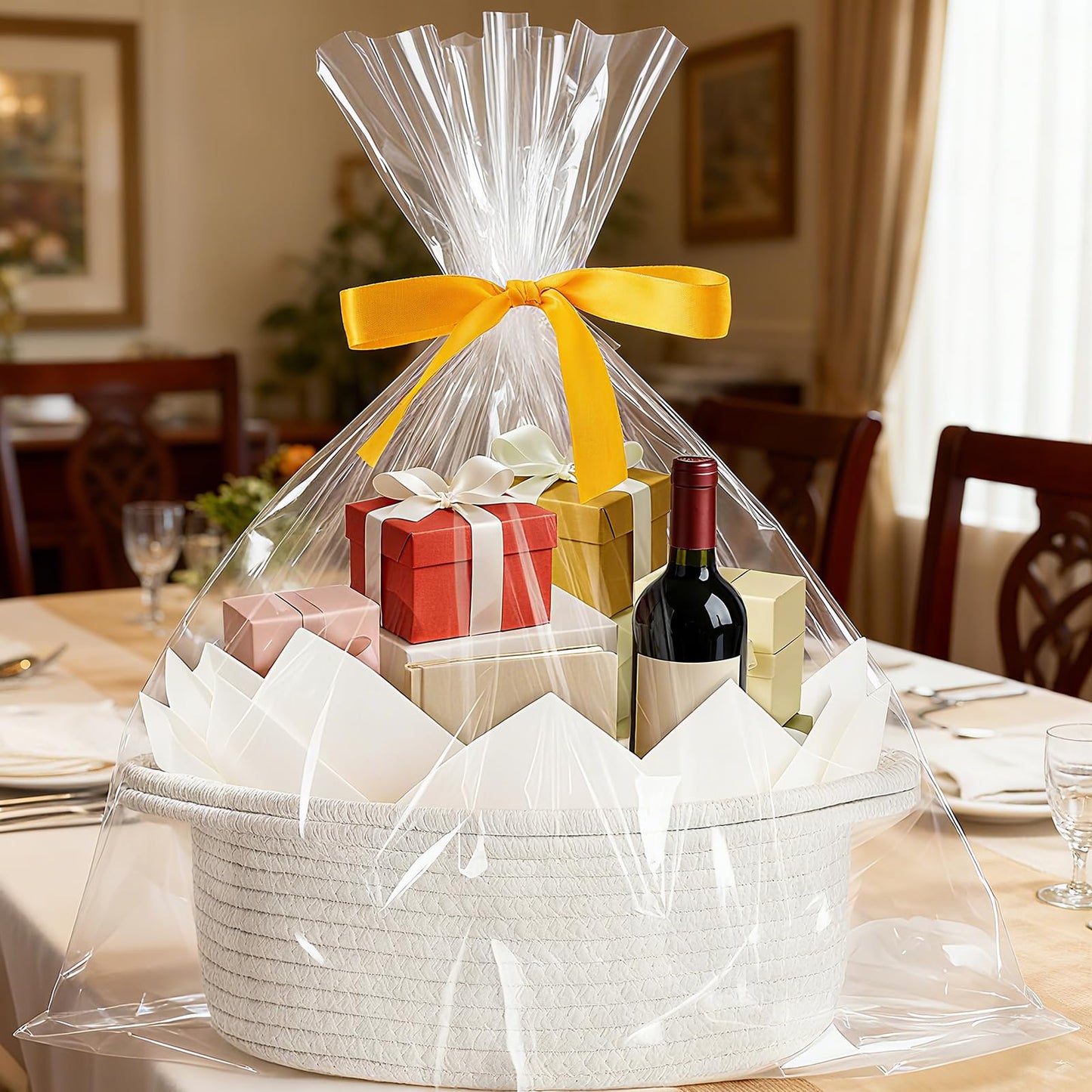 woric Woven Basket Gift Basket Storage Baskets with Handles for Wedding Gifts Empty Mothers Day Graduation Gifts Stuffers Baby Shower Toy (White 12"X 8" X 5" with Gift Bag Card Ribbon Tissue Paper)