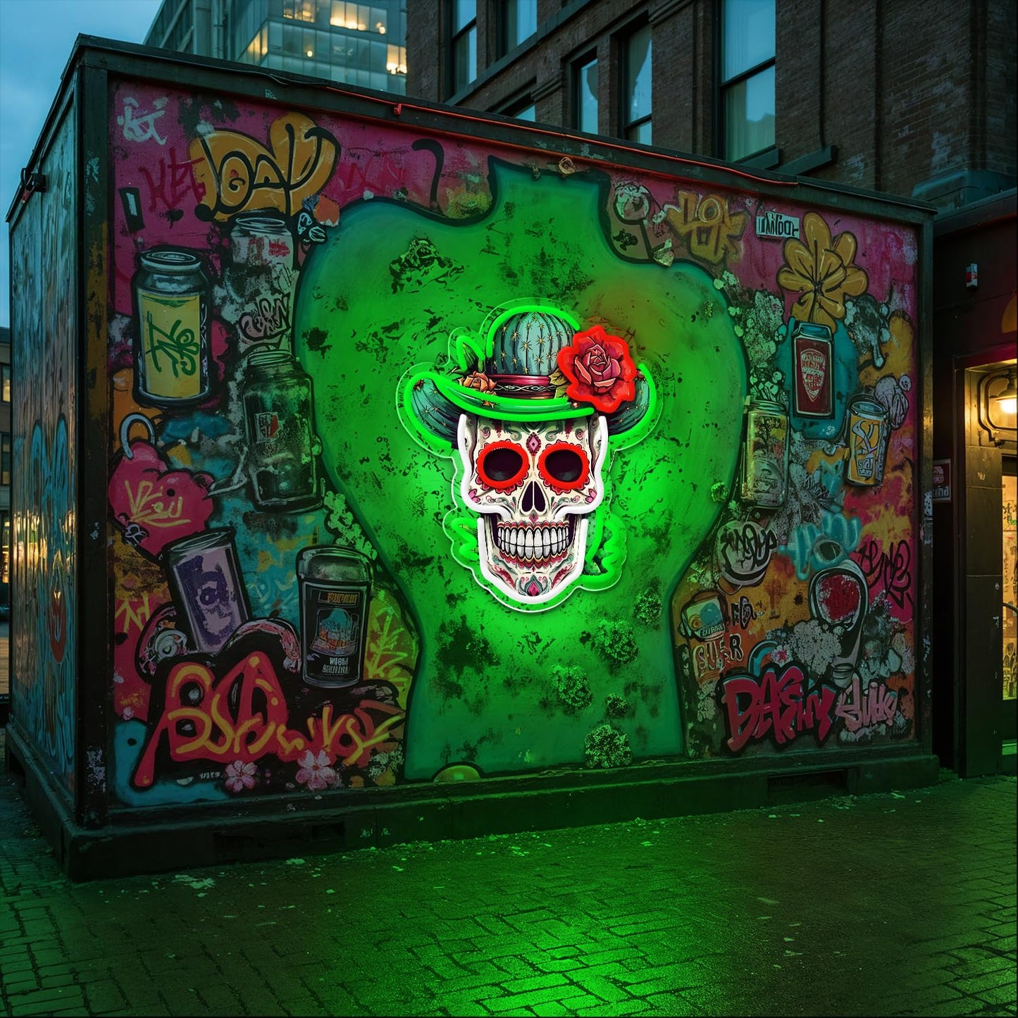 Sneignon Day of the Dead Neon Sign - Mexican Sugar Skull LED Neon Light for Home & Bar Decor,UV Printed Art with Flexible LED Strip,Halloween & Día de Muertos Party Decoration（green)