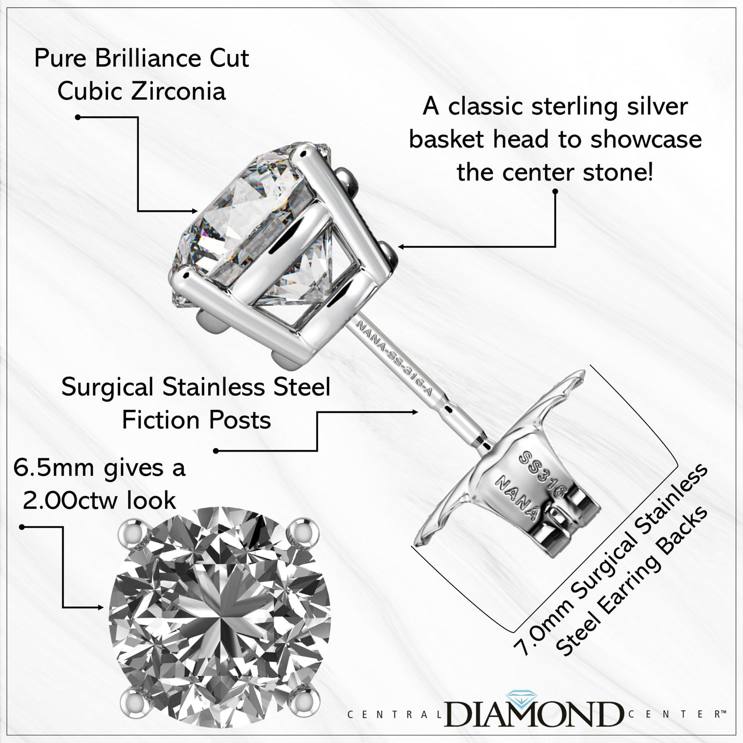 Central Diamond Center Round Simulated Diamond Stud Earrings Hypoallergenic Metal & Sterling Silver CZ - 6.50mm (2.00cttw) Yellow