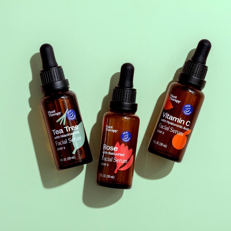 Plant Therapy Facial Serum Trio Set 1 oz each, Vitamin C & Hyaluronic Acid, Rose with Bakuchiol & Tea Tree with Niacinamide, Reduces the Appearance of Fine Lines & Wrinkles
