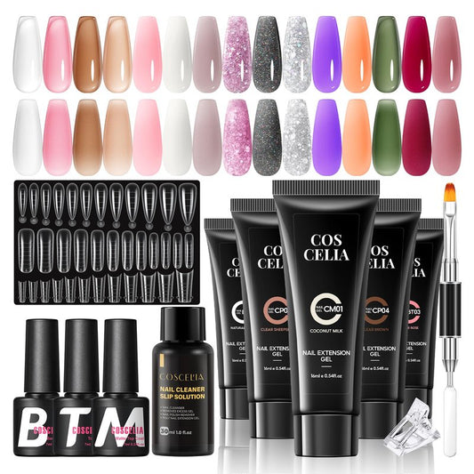 COSCELIA 22PC Poly Nail Gel Kit Starter Kit, 15 Colors 16ML Poly Nail Extension Gel Colors for Beginners without Lamp Thickening Solutions Top Base Coat at Home Gifts for Women