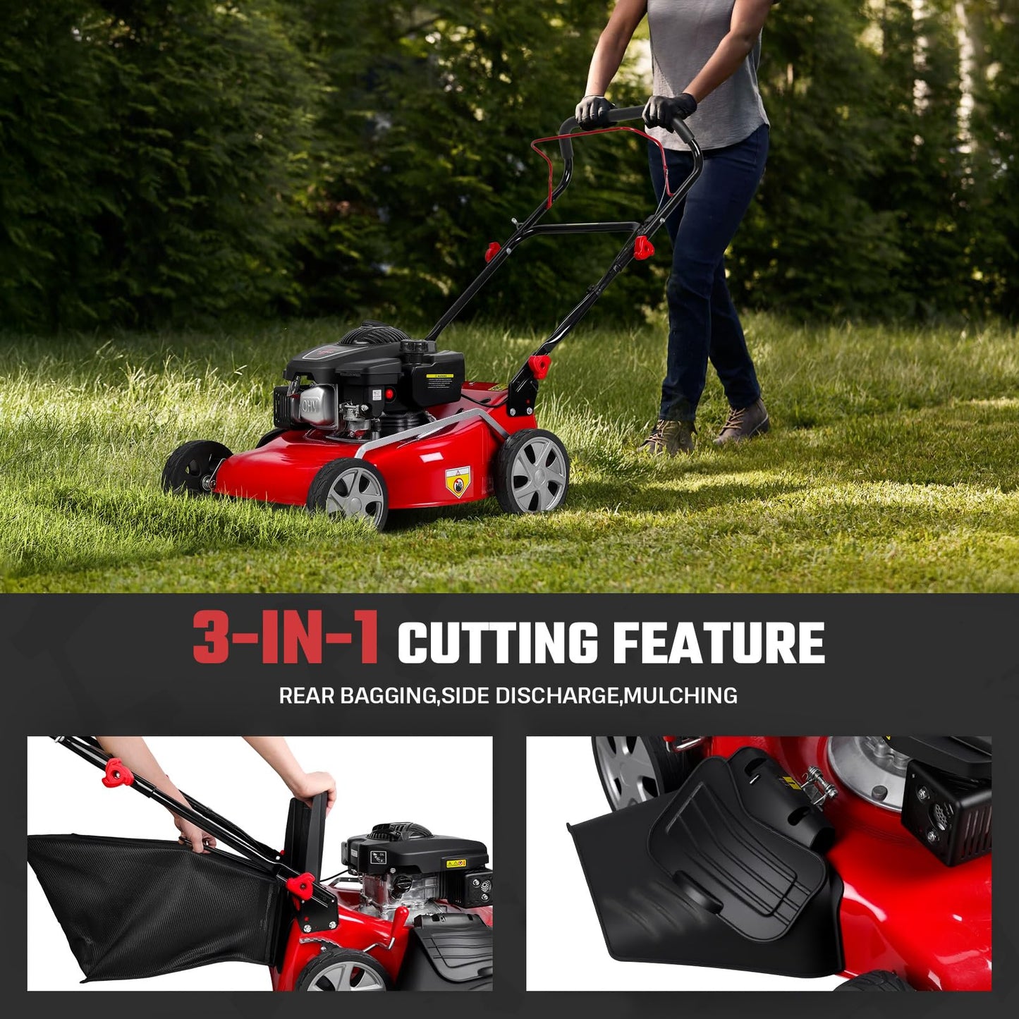 Lawn Mower Gas Powered, Gas Mower with 50l Grass Bag Big Wheels, 131cc Gas Engine 3 in 1 Mulching, Bagging & Side Discharge Self Propelled Walk-Behind Push Mower for Hills 2850RPM (Red)