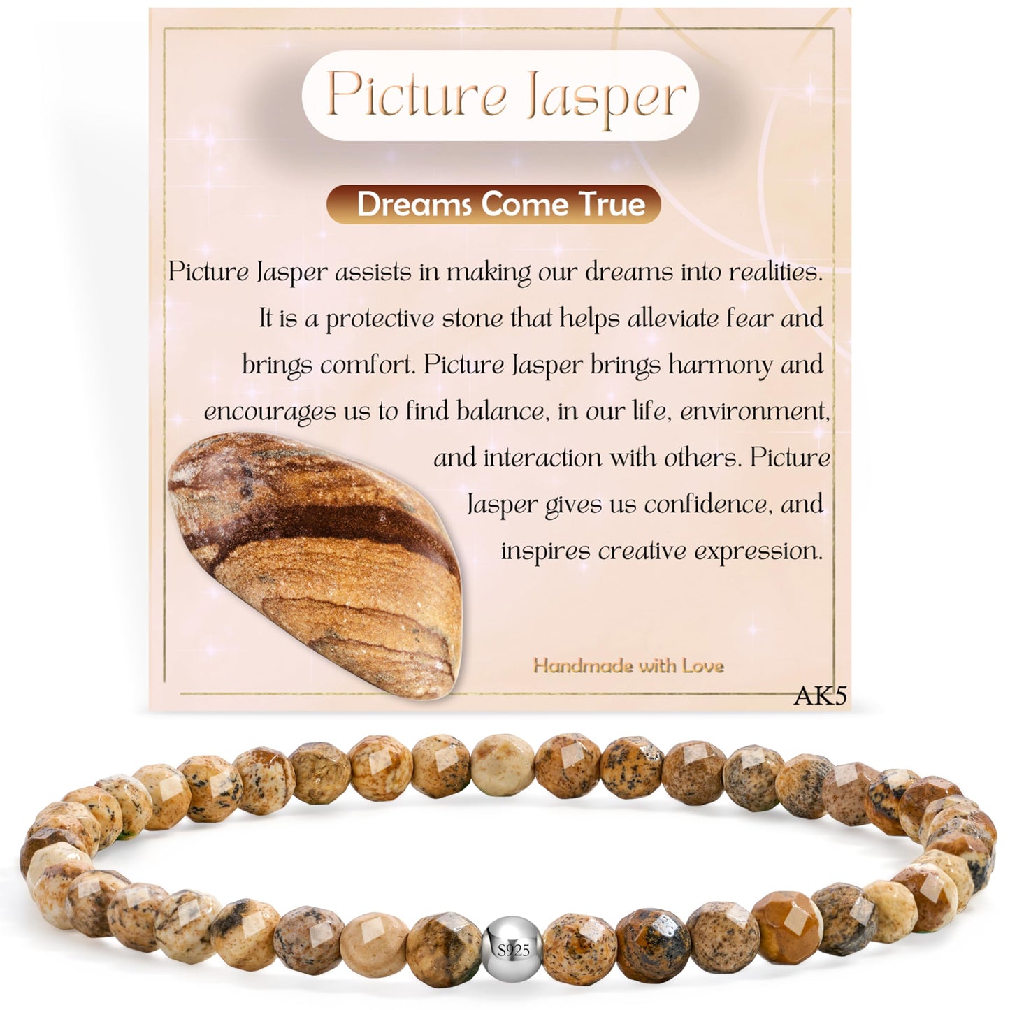 Farfume Picture Jasper - Dreams Come True - Beaded Bracelets for Women,Handmade Natural Stone 4mm Beads 925 Sterling Silver Stretch Bracelets, Chakra Crystal Gemstone Jewelry Gifts for Mom