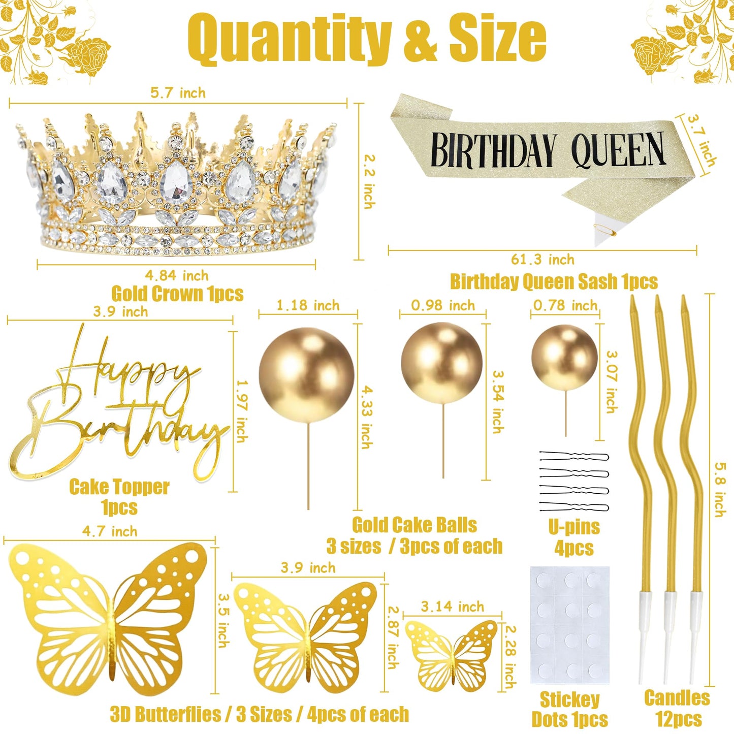AMZVALU Crown & Birthday Sash for Women - Gold Crown Happy Birthday Cake Topper Candle Balls Butterfly | Corona Para Pastel | Sweet Crown Decoration for Queen Princess Bride Wedding Prom (Gold, White)