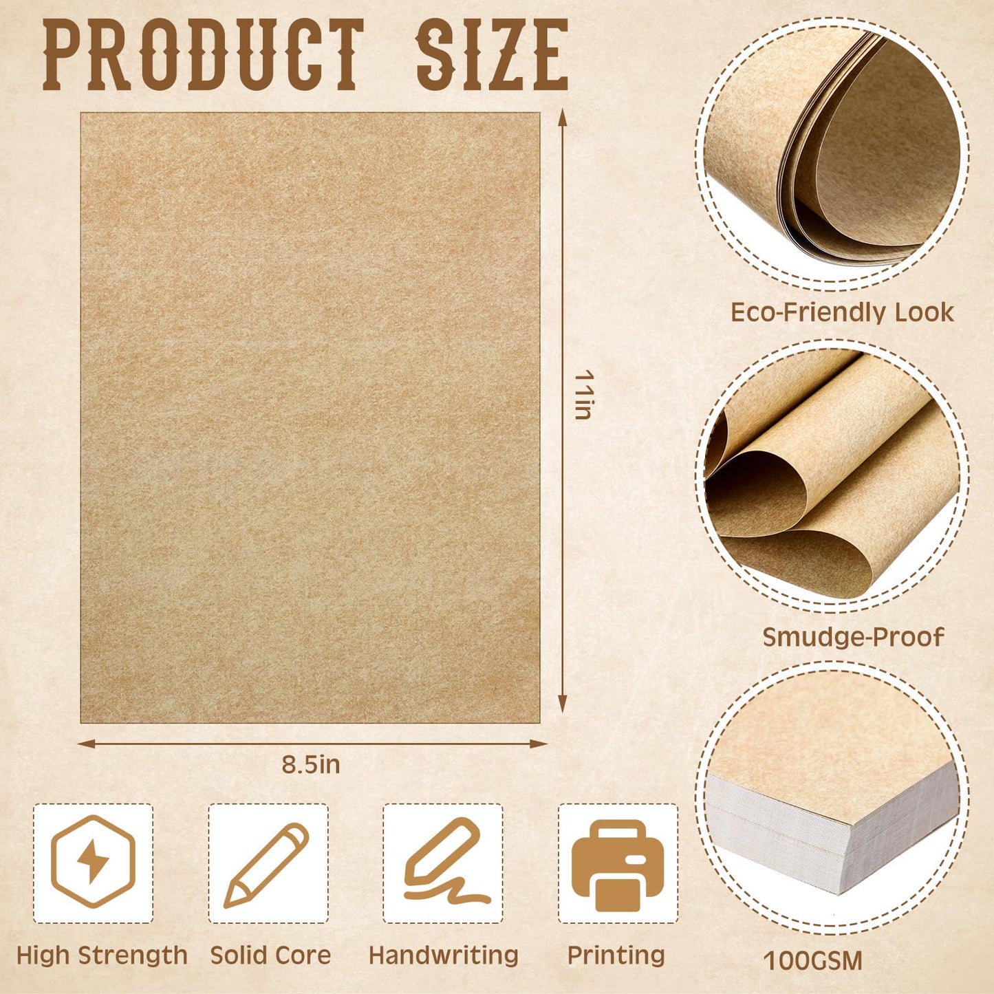 Tosstuki 500 Sheets Parchment Paper for Certificates 8.5 x 11'' 100 GSM Stationery Resumes Paper Bulk Double Sided Printer Stationary Letter Size for Diploma Craft Business Card Invitation(Aged)