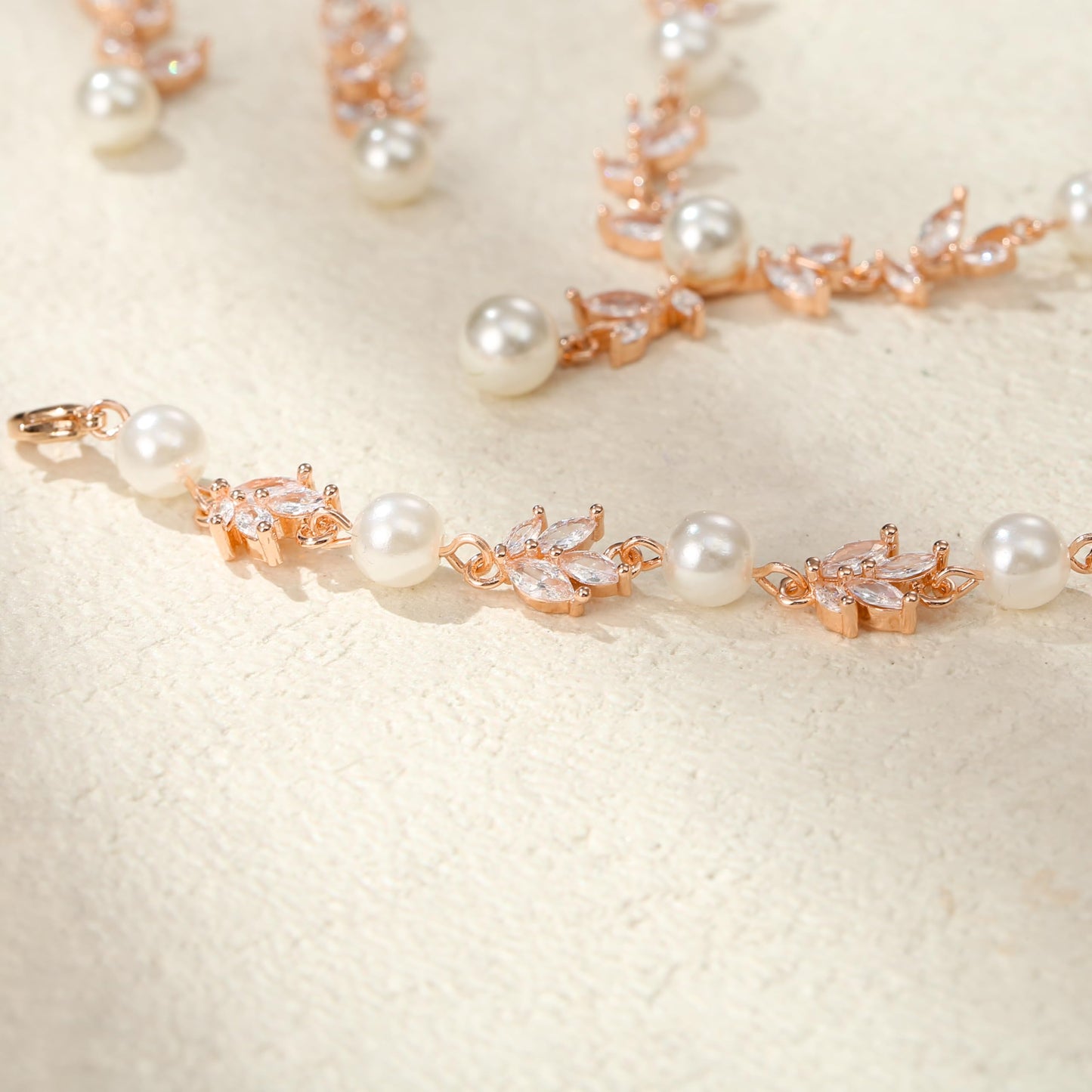EVER FAITH Bridal Jewelry Set for Bride Bridesmaid, White Marquise Cubic Zirconia Rose Gold-Plated-Brass Faux Pearl Leaf Vine Party Prom Necklace Dangle Earrings Bracelet for Women
