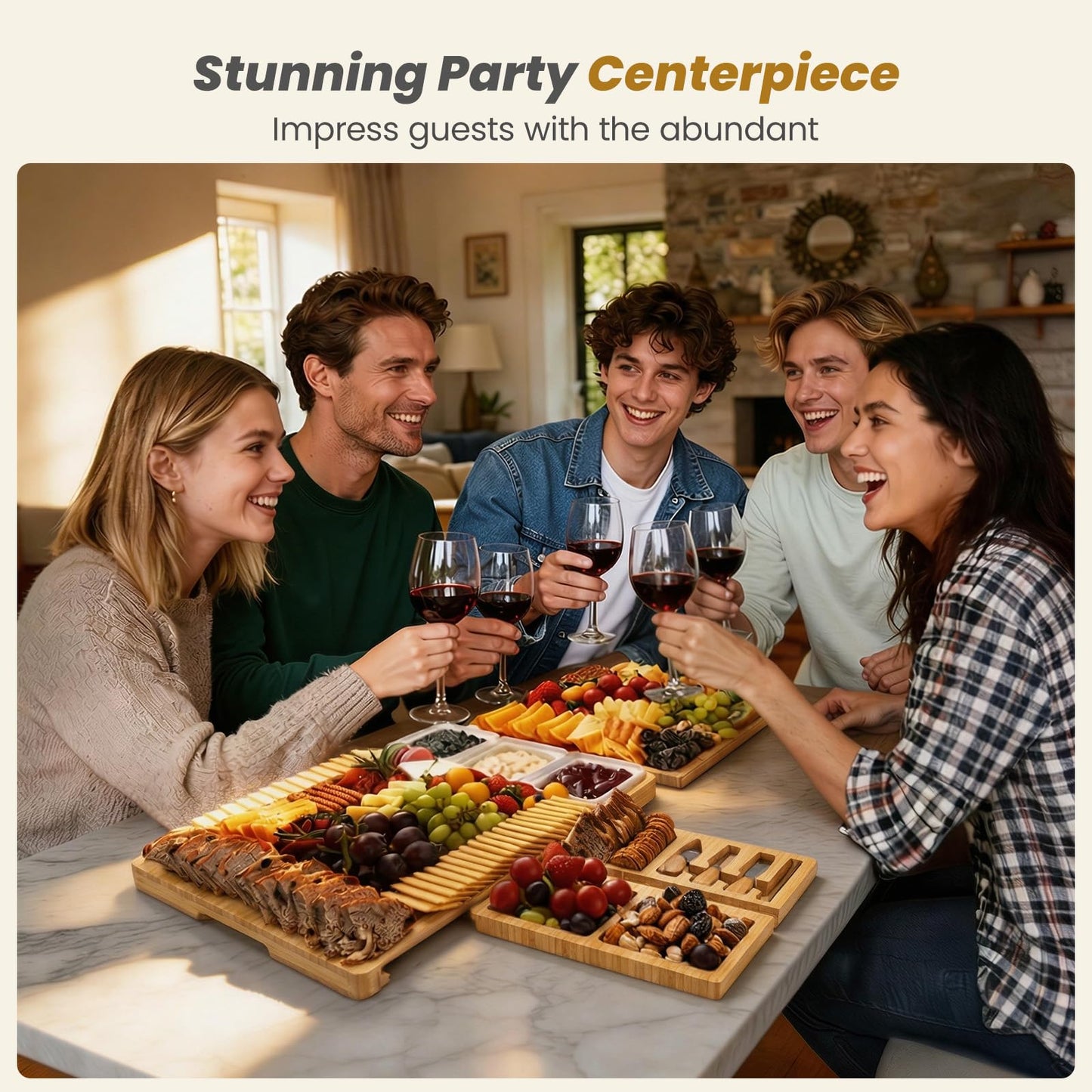 Large Charcuterie Board Set with Knife Set, 12.6" × 11.2" Square Fruit Tray, Bamboo Cheese Platter (Double-Drawer), Great for Group Gatherings, House Warming Gifts New Home, Birthday Gifts for Women