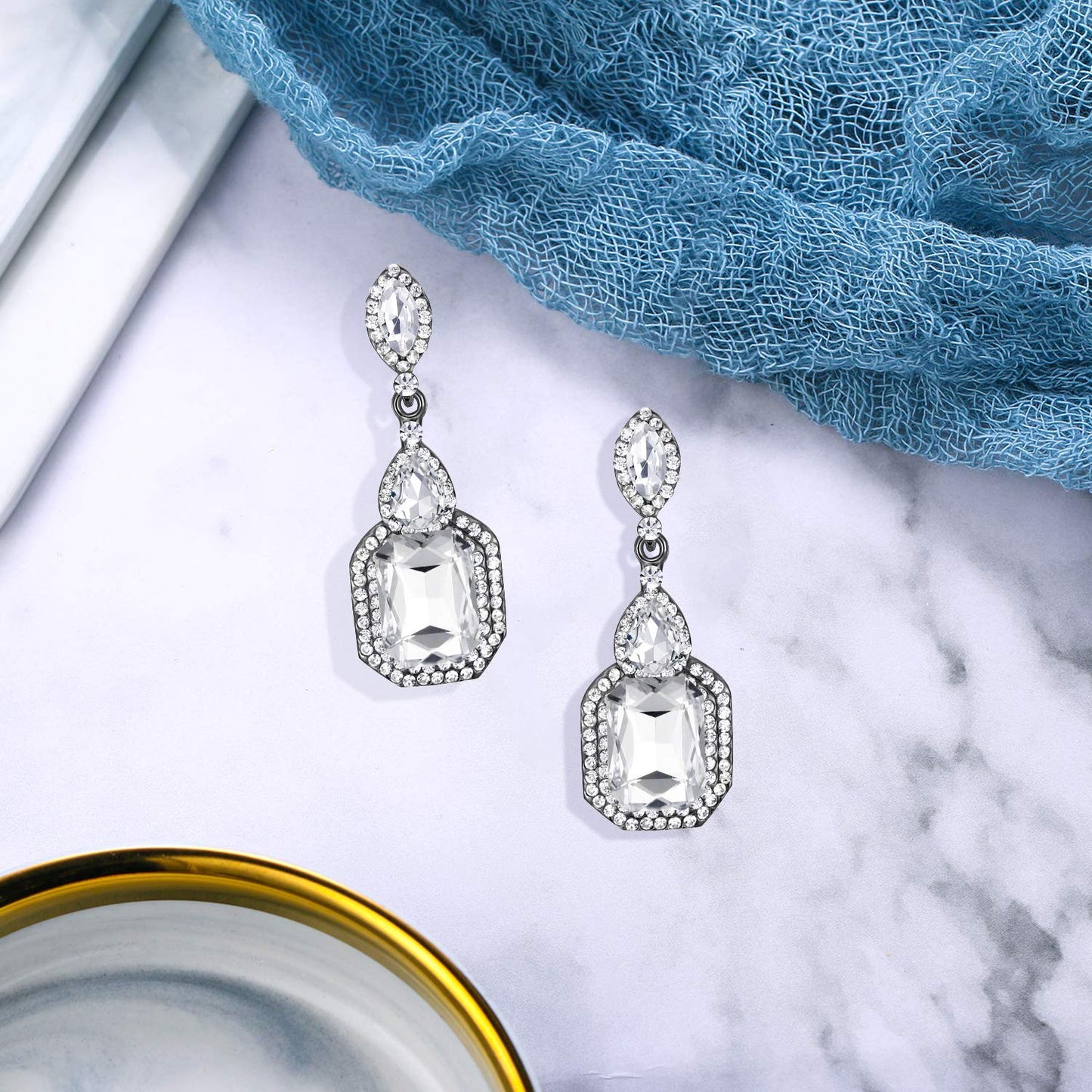 BriLove Wedding Bridal Dangle Earrings for Women Emerald Cut Crystal Infinity Figure 8 Chandelier Jewelry Clear Black-Silver-Tone