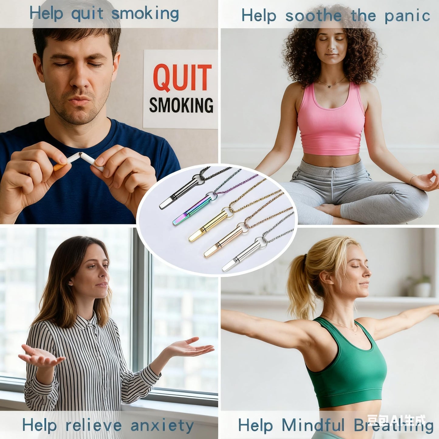 hooppoo Quit Smoking Necklace, Anxiety Relief Breathing Inhaler with Essential Oil Pad - Aromatherapy Diffuser Pendant for Smokers, Stainless Steel Necklace for Women & Men (Silver)