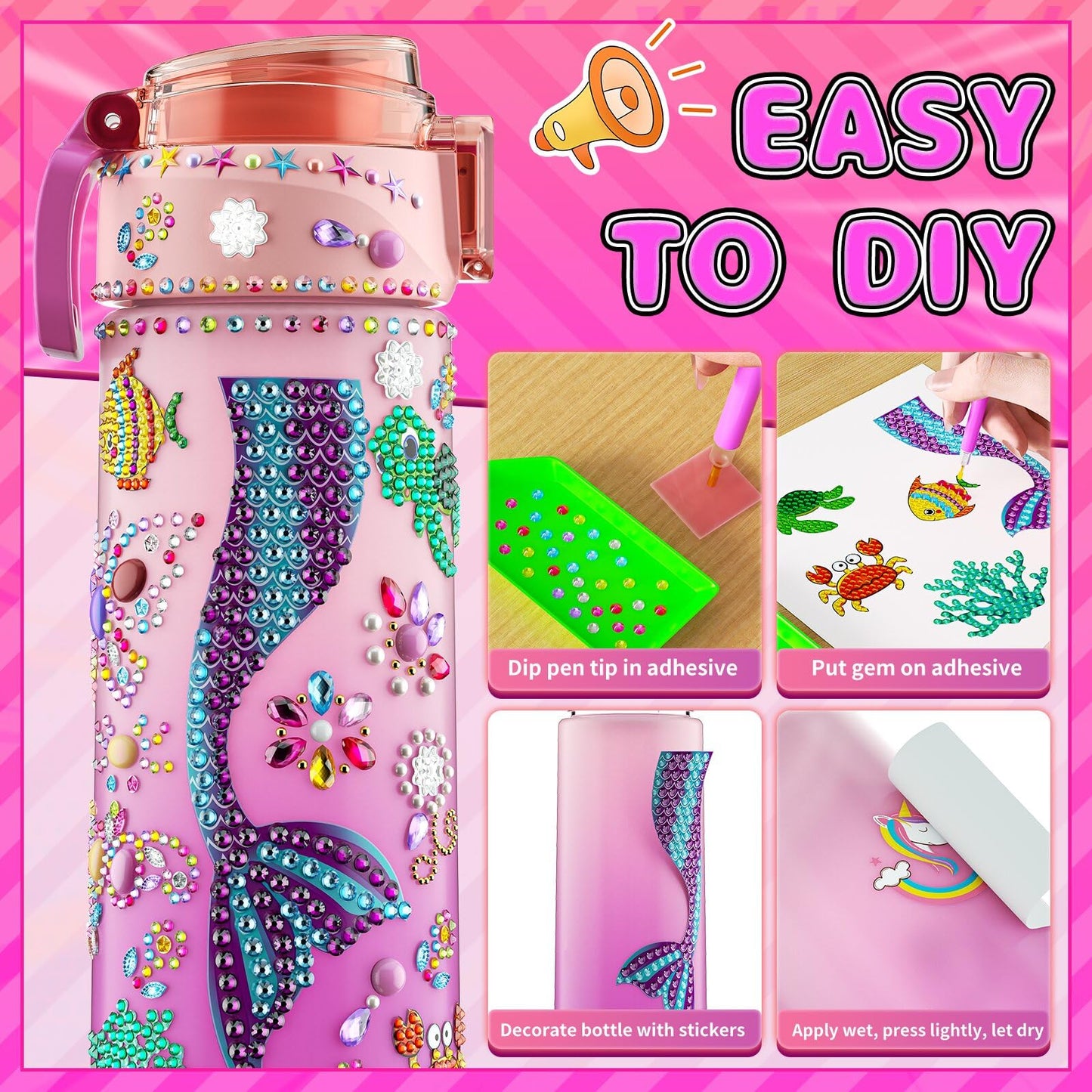 BOOH Decorate Your Own Water Bottle Kits for Girls, Mermaid Painting Diamond Art & Bracelet Making Kit for Girl, Crafts for Kids Ages 4-8, Birthday Christmas School Gifts (Mermaid)
