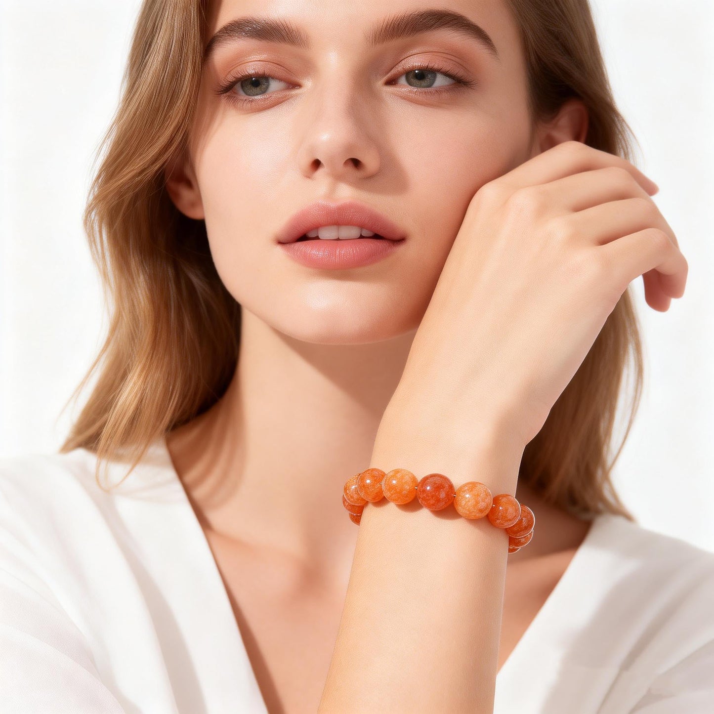 Natural Orange Calcite Bracelet for Women, Sun Stone Healing Crystal Adjustable Stretchy 8mm Round Beads Bracelets Reiki Chakra Man Jewelry Gifts (Orange Calcite)