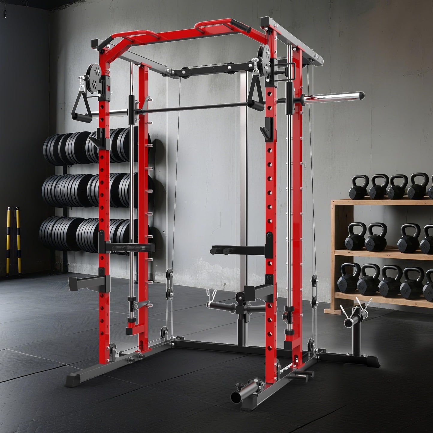 GarveeLife Power Cage, Smith Machine Squat Rack, Heavy Duty Power Rack for Home Gym with Pulley System, Dip Bar, LAT Pulldown, Multifunctional Squat Rack for Home Gym, Red