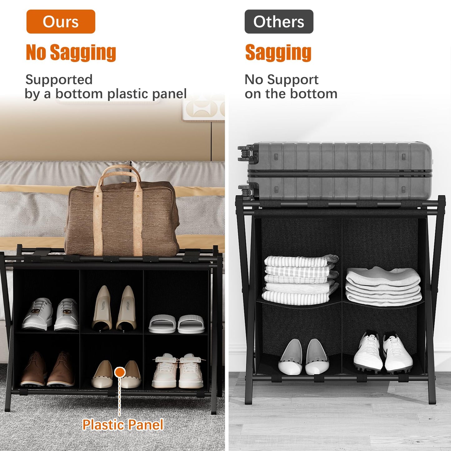 Huhote Luggage Rack for Guest Room, Folding Suitcase Stand with 6-Cube Fabric Storage Shelf, Luggage Holder, Steel Foldable Luggage Stand for Guest Room, Bedroom, Hotel, Black