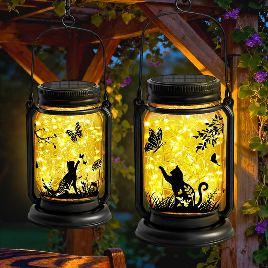 2 Pack Cat Solar Lanterns, Outdoor Hanging Solar Lantern with Stake, Birthday Gifts for Mom, Grandma,Women,Black Cat Butterfly Vintage Glass Mason Jar Waterproof Lights for Yard Garden Decor