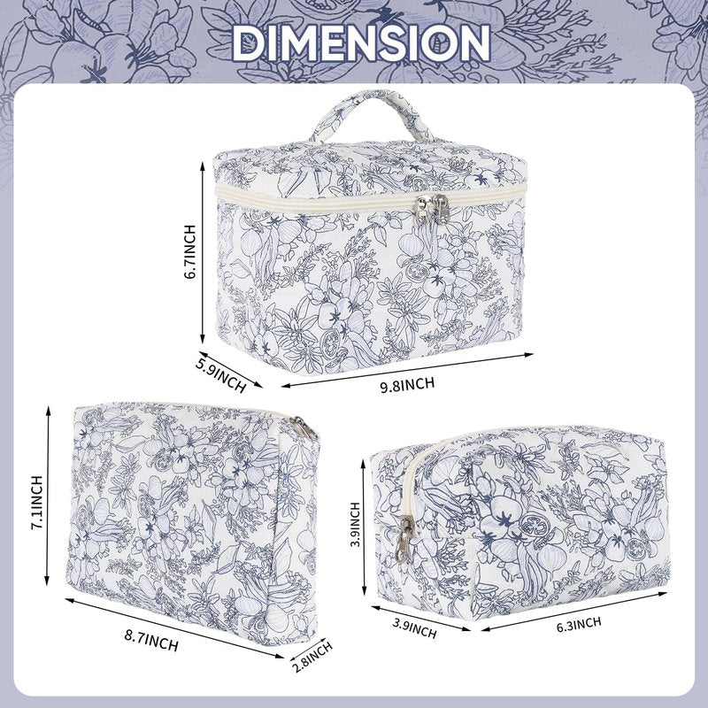 Sarrany 3Pcs Makeup Bag Set,Quilted makeup bag,Floral Cosmetic Bag for Women, Cute Cotton Cosmetic Bag, Wide-open Easy to Take, Flower Toiletry Organizer Bag