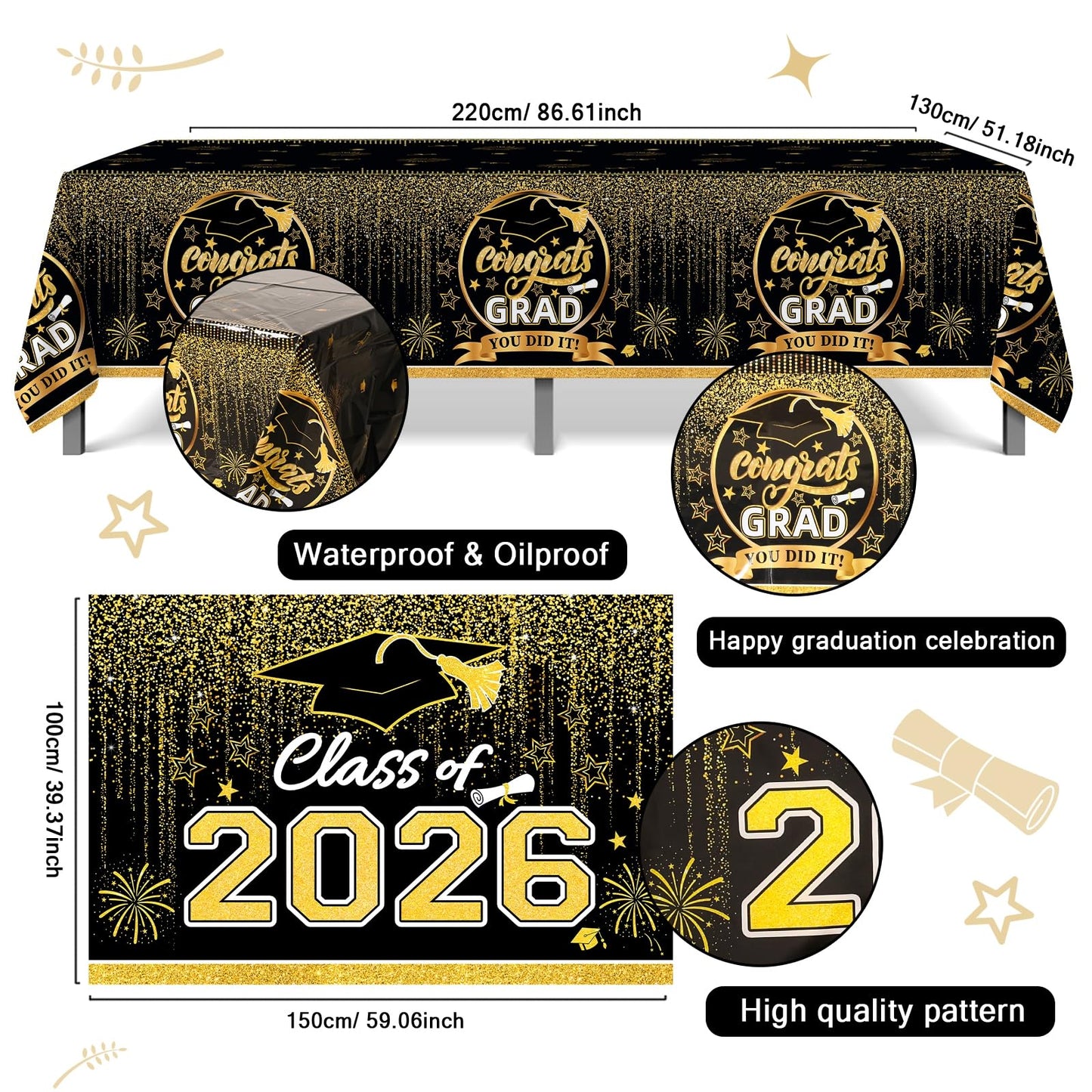 Graduation Decorations 2026, Black and Gold Balloon Garland Arch, Black and Gold Graduation Decorations with Congrats Grad Tablecloth and Class of 2026 Backdrop for High School College Grad Party