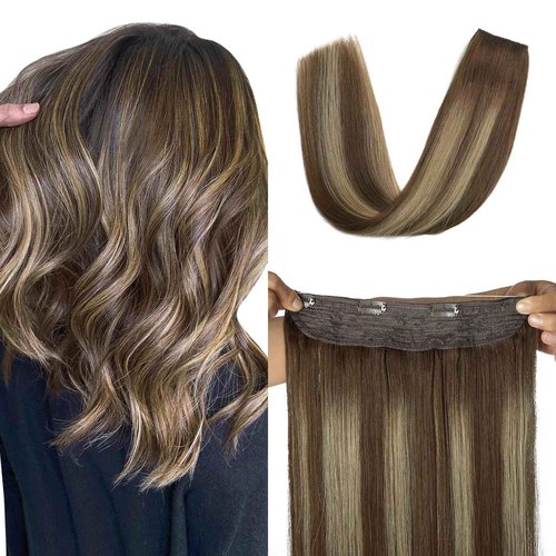 XDhair Wire Hair Extensions Real Human Hair 18Inch 85g Balayage Color Chocolate Brown to Caramel Blonde Invisible Wire Hair Extensions(#4/27/4-18inch)