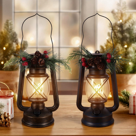 2 Pack Christmas Decorative Lanterns Vintage Lantern with Xmas Ornament Themed Light Wick Dimmable Battery Operated Lantern Hanging for Indoor Outdoor Table Holiday Party Decoration Gift (Blue+Copper)