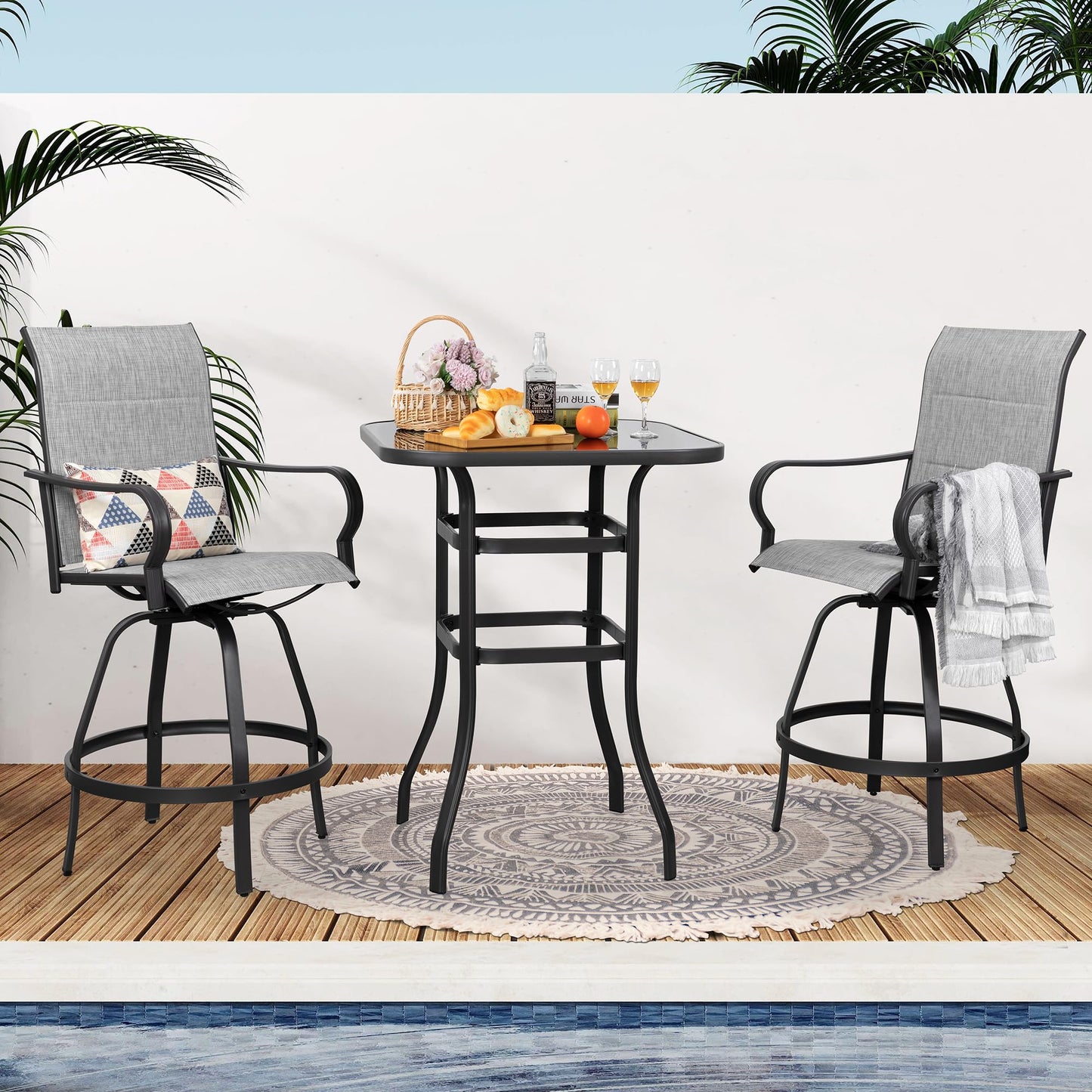Shintenchi 3 Piece Patio Swivel Bar Stools Set, Outdoor Patio Bar Table and Chairs Set, All Weather Bar Height Chairs Set of 2, High Top Bistro Set Furniture for Balcony, Backyard, Padded Light Grey