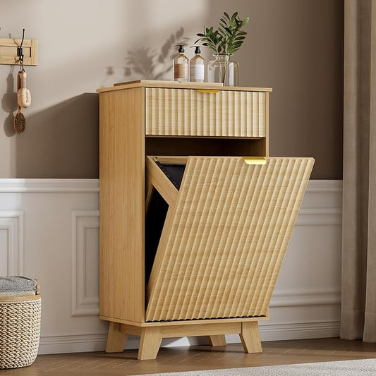 Modern Tilt Out Laundry Hamper Cabinet, 10 Gallon Wooden Trash Can Cabinet with Storage Drawer, Hidden Fluted Bathroom Storage Cabinet for Kitchen, Living Room (Natural Wood, 20.47"W x 35.83"H x 13"D)