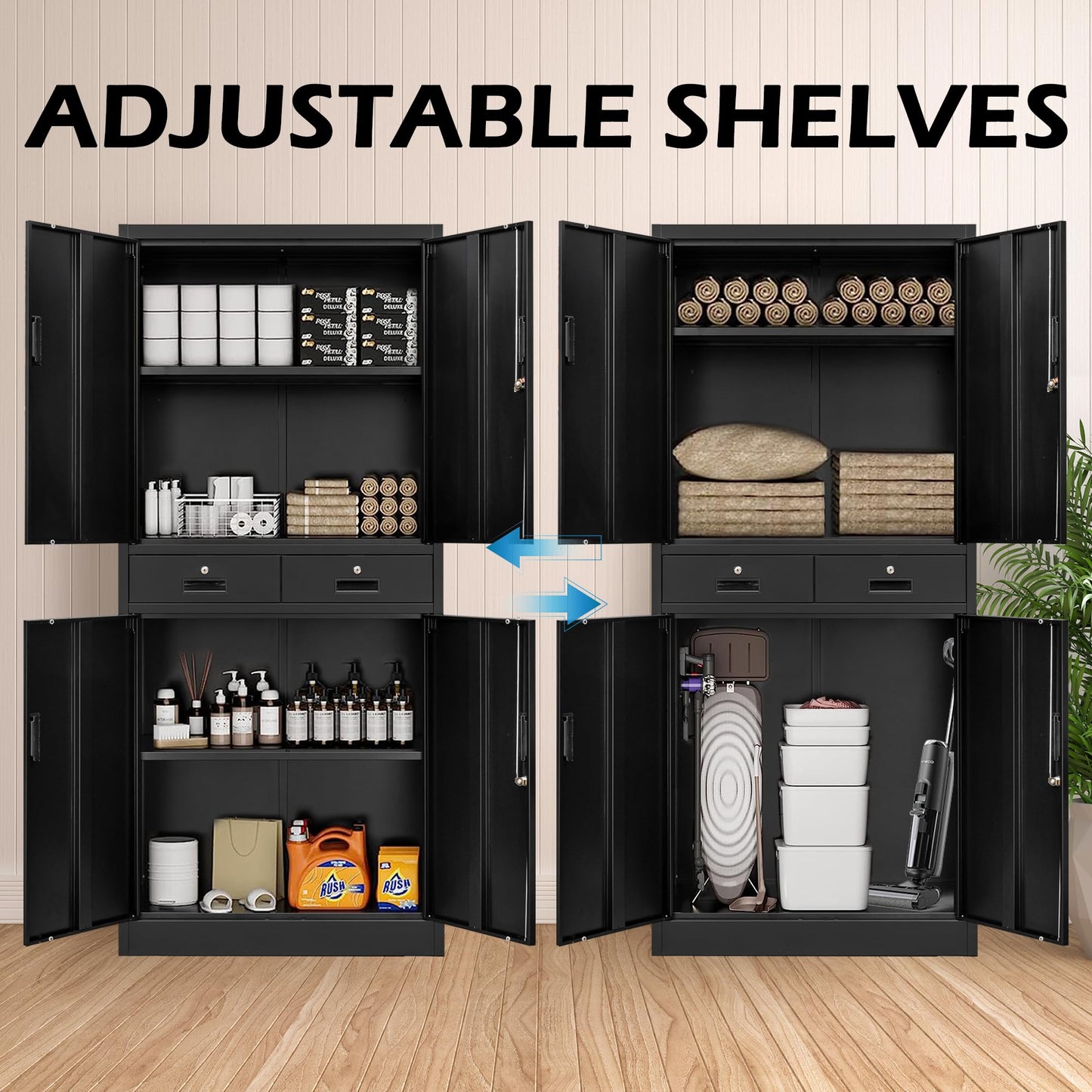 Wanfu Metal Storage Cabinet, 71" Locking Storage Cabinet with Adjustable Shelves and 2 Drawers, Steel Cabinets for Office, Garage, Home, School, Utility Room(Black)