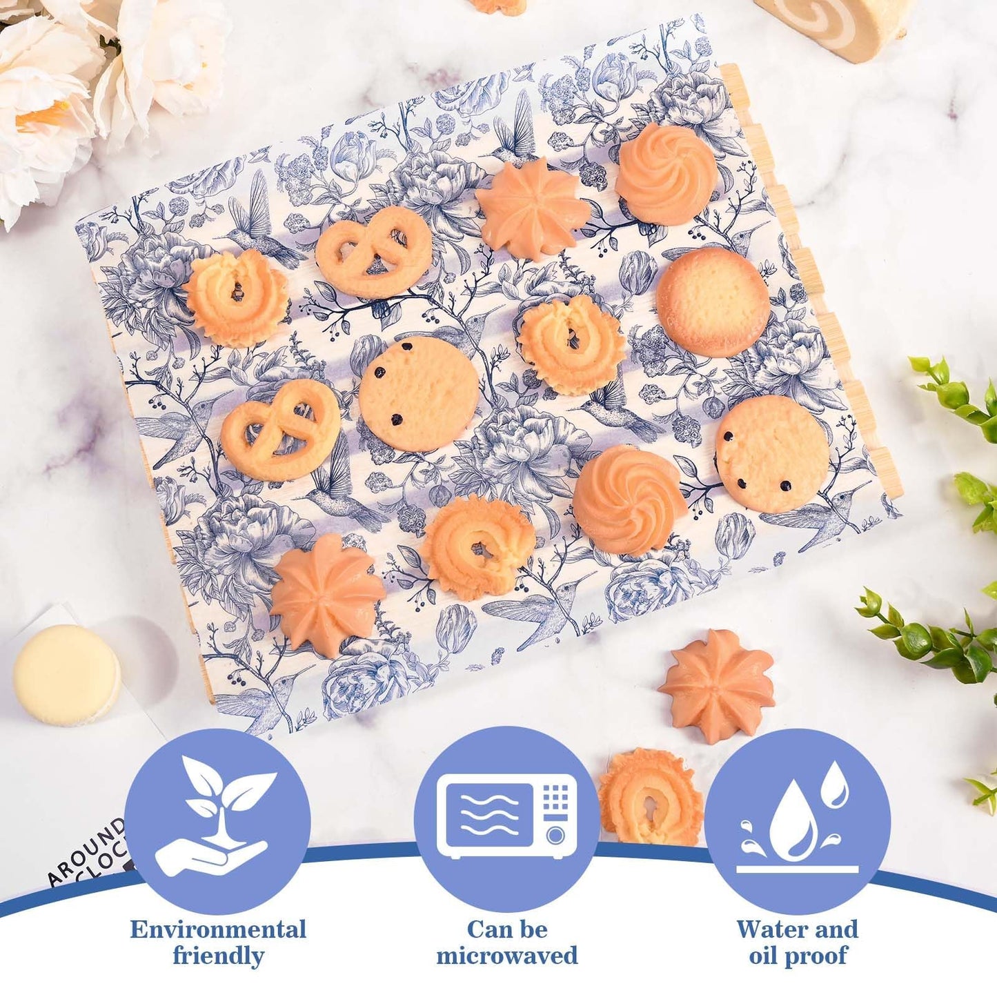 Sanixin 150Pcs Blue Floral Wax Paper for Food Chinoiserie Blue White Flower Decorative Wax Paper Oil-Proof Wrap Tissue for Picnic Sandwich Bakery Dessert Home Kitchen Supplies,9.8 x 8.3 Inches