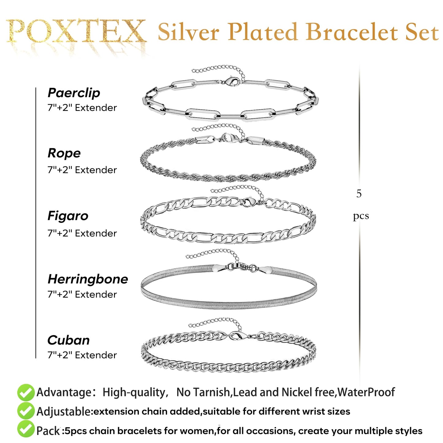 Poxtex Dainty Silver Bracelets for Women, Silver Bracelet Set Waterproof,Trendy Silver Bracelet Set StackableSimple Cuban Snake Rope Paperclip Chain Bracelet Jewelry Gifts for Women