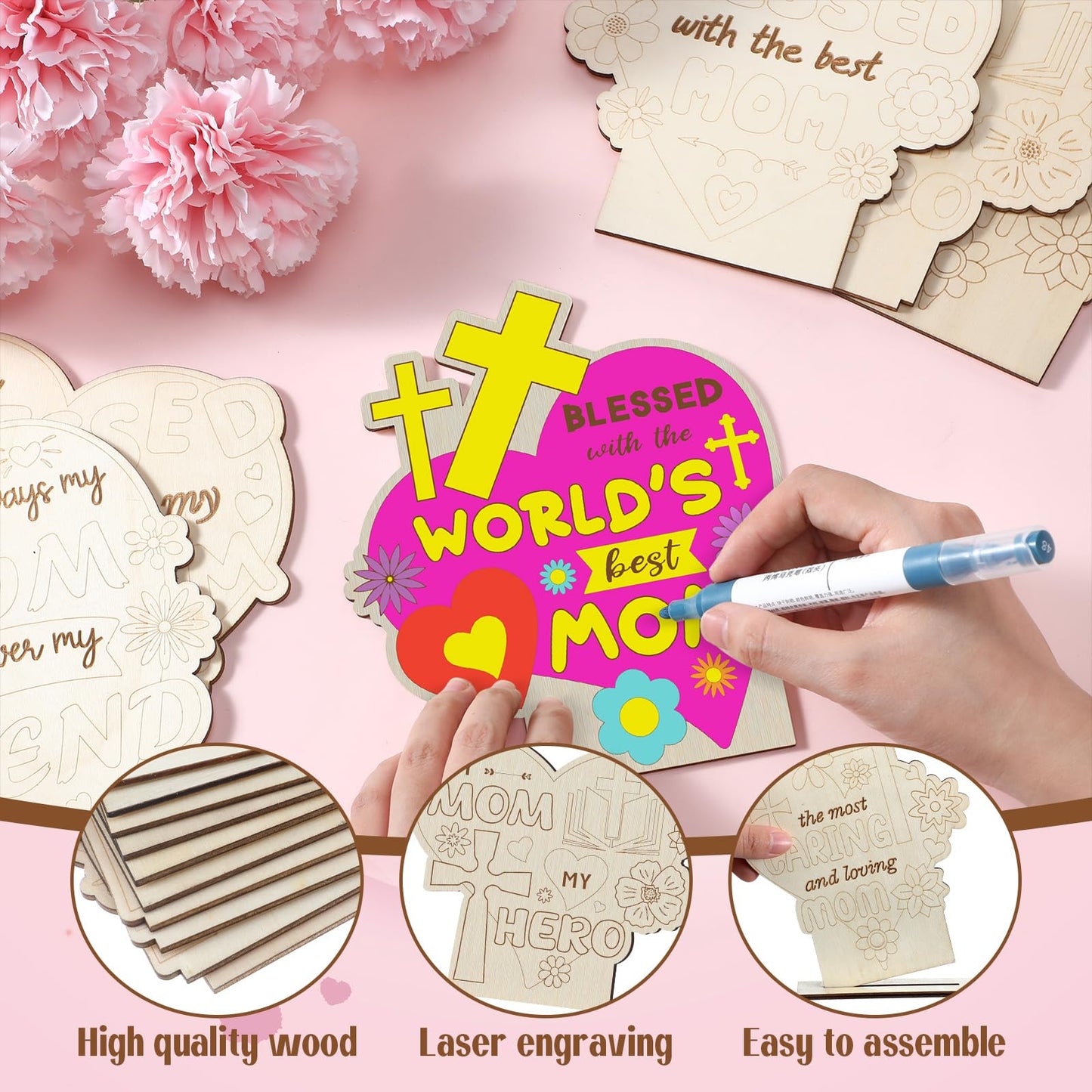 CroBlissful 24 Sets Mother's Day Crafts Bulk DIY Coloring Mother's Day Table Wood Signs Religious Blessed Mom Gifts Home Party Dinner Table Decoration