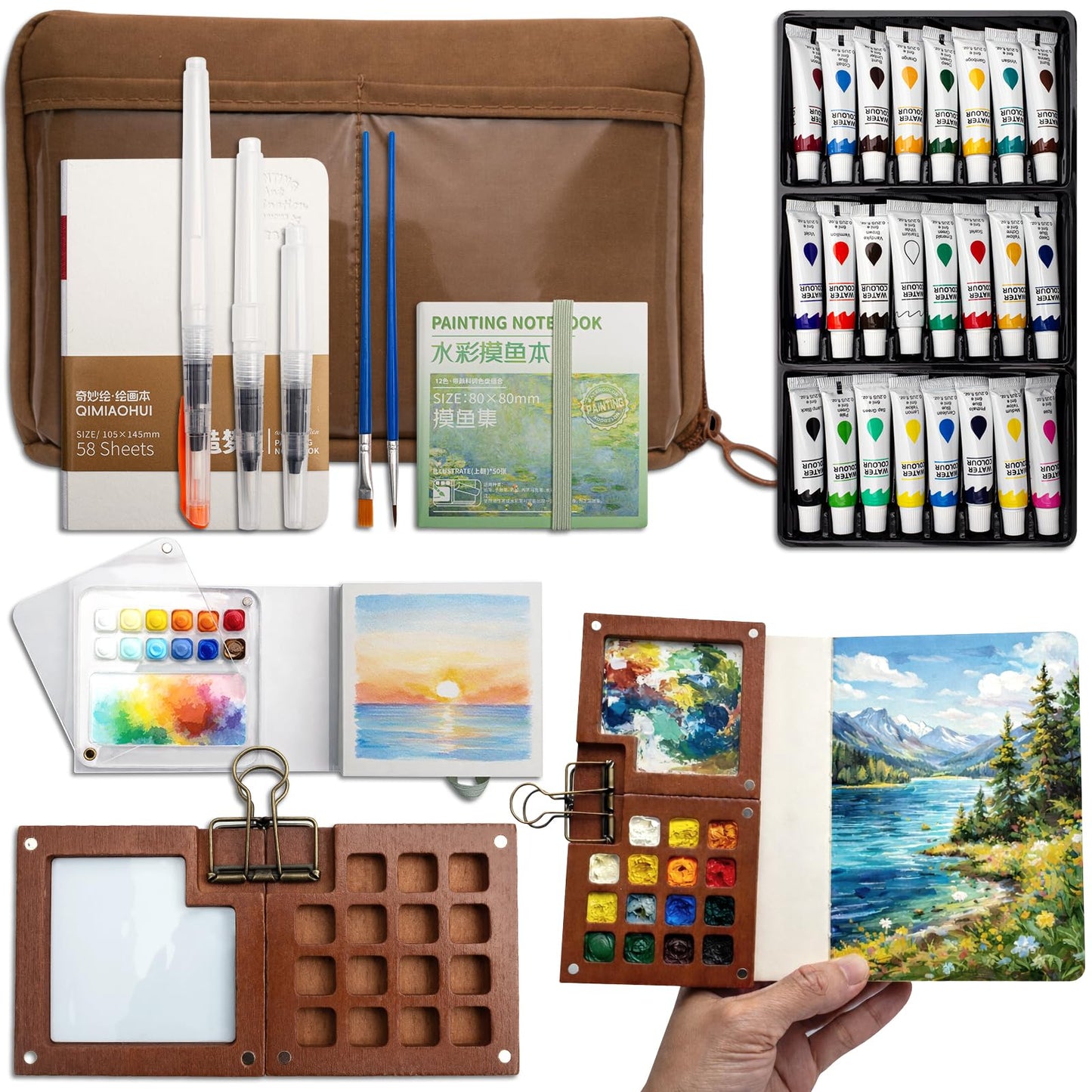 Mini Watercolor Paint Set, Portable Travel Kit with Pocket Painting Palette, 24 Colors, Small Sketchbook, Water Brush Pens & Carrying Case for Art Lovers