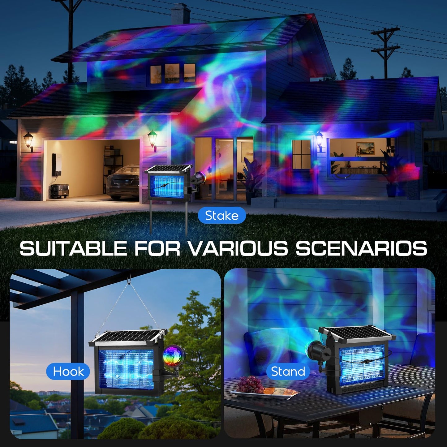 Solar Bug Zapper Outdoor with Projector Lights, 4500V Waterproof Mosquito Zapper, Dual Solar & USB Rechargeable, Smart Dusk to Dawn, Cordless Insect Killer for Patio, Garden, Backyard, Camping