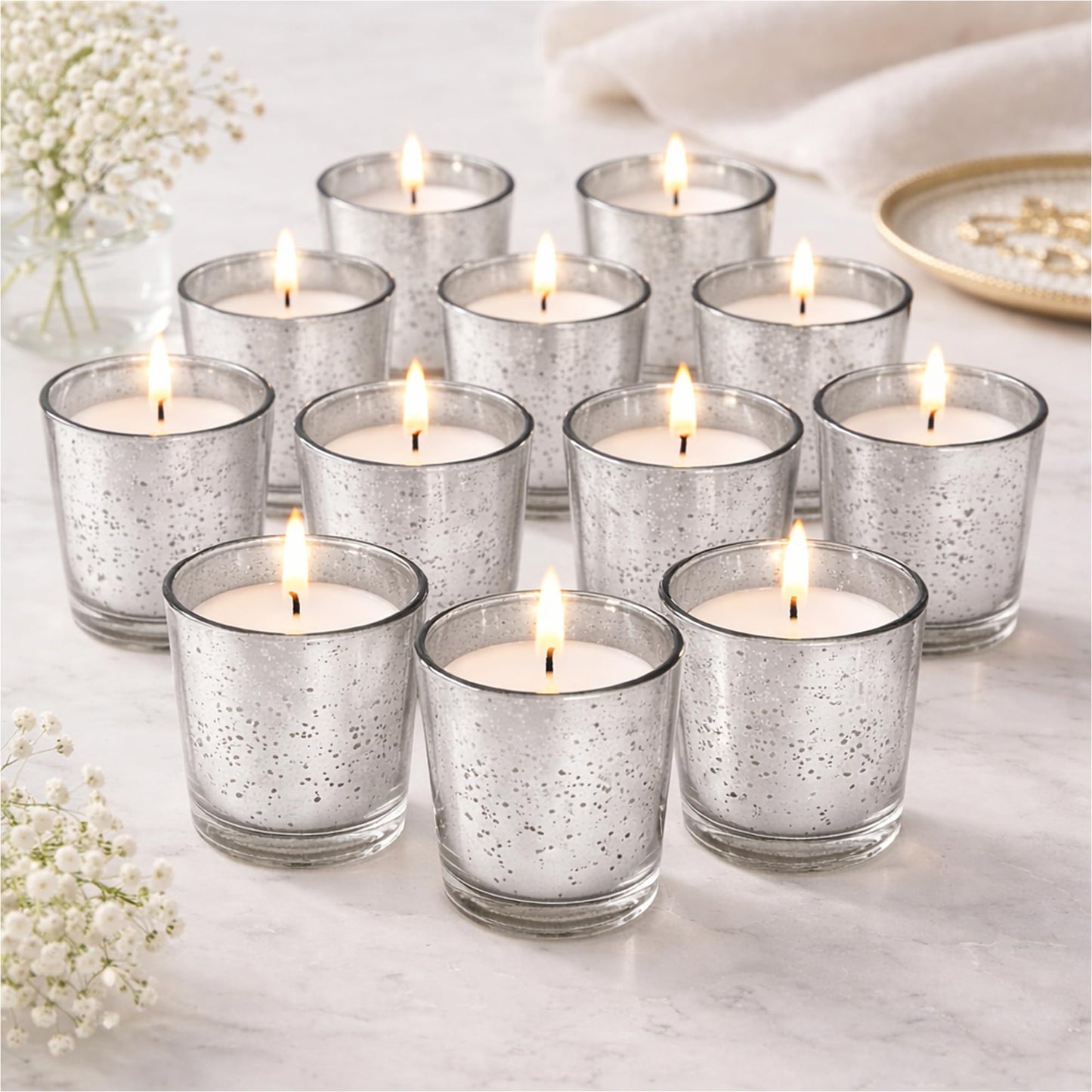 Hosley Set of 12 Silver Mercury Filled Glass Votive Candles. Ideal Gift for Weddings, Bridal Showers, Parties, Home Decor, and Special Events