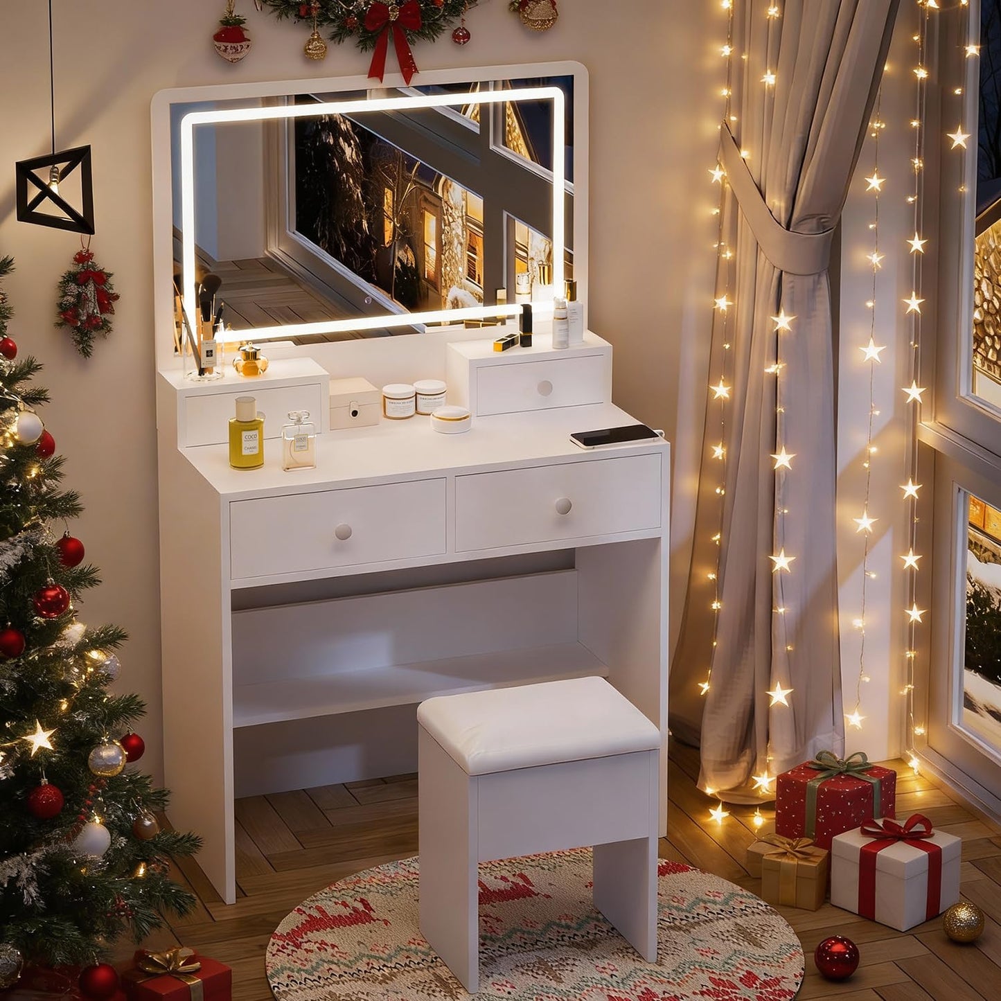 Haewon White Vanity Desk with Mirror and Power Outlet, Makeup Vanity with Adjustable Brightness and 3 Lighting Modes, Dressing Table Set with 4 Drawers, Storage Chair for Bedroom