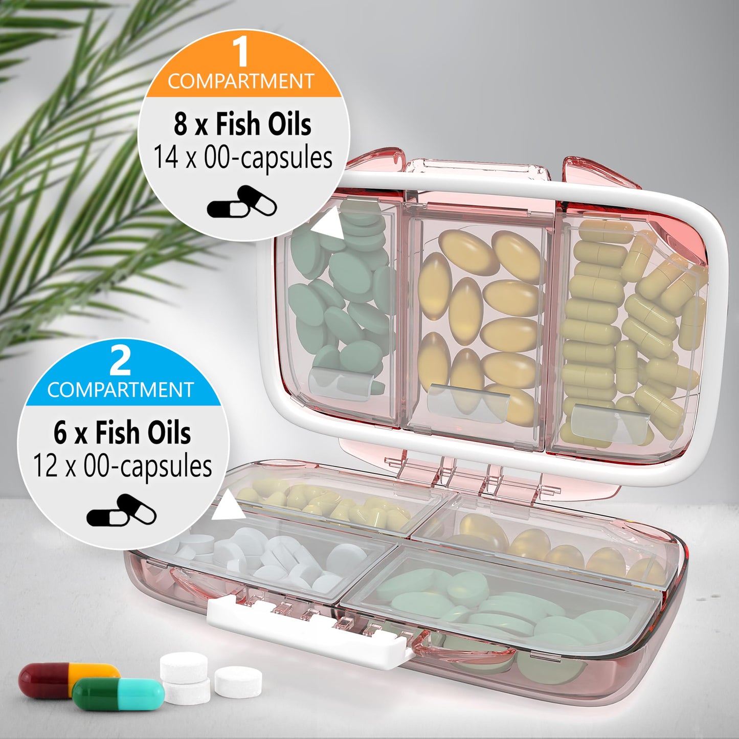 Travel Pill Organizer - Moisture Proof Portable Vitamin Holder with 7 Compartments, Compact Supplement Case for Purse Essential Medicine Kit fot Traveling Pocket Pharmacy with Labels, Pink