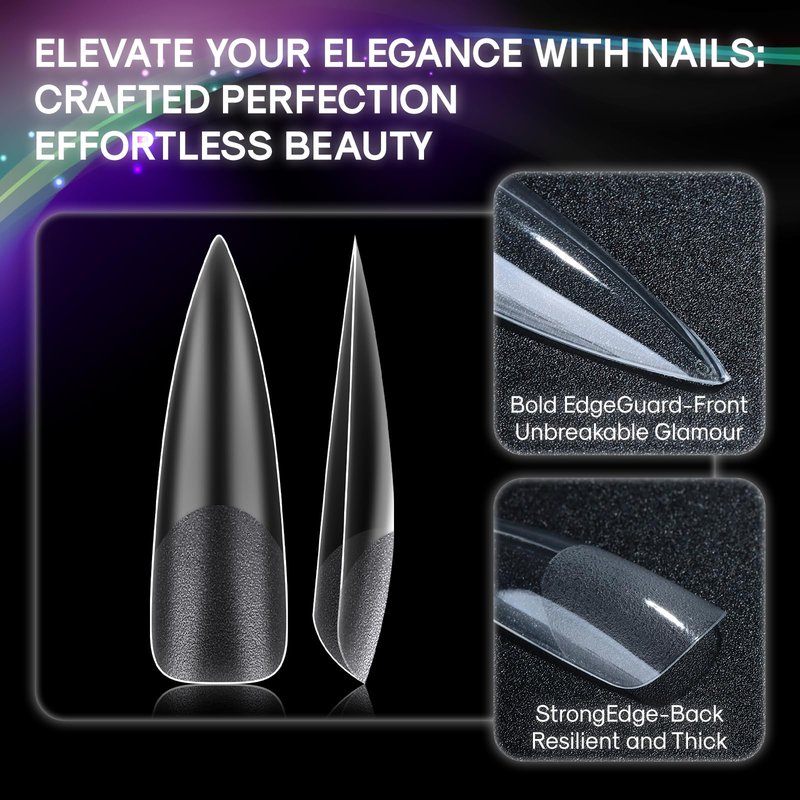 INENK No C Curve XXL Stiletto Nail Tips, Half Matte Clear Half Cover, Stiletto Flat Tips for Acrylic Nails Art Design, Salons, Home DIY Nail Extension(12 Sizes 240PCS)