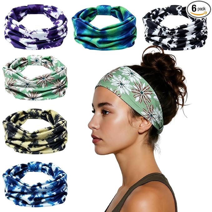 HSEM Sports Headbands for Women – 6 Pack Stretchy Non-Slip Wide Hair Bands – Soft Thick Elastic Sweatbands for Workout, Washing Face, Makeup, Running, Spa & Daily Fashion 1 Green Floral 5 Mixed 2-10