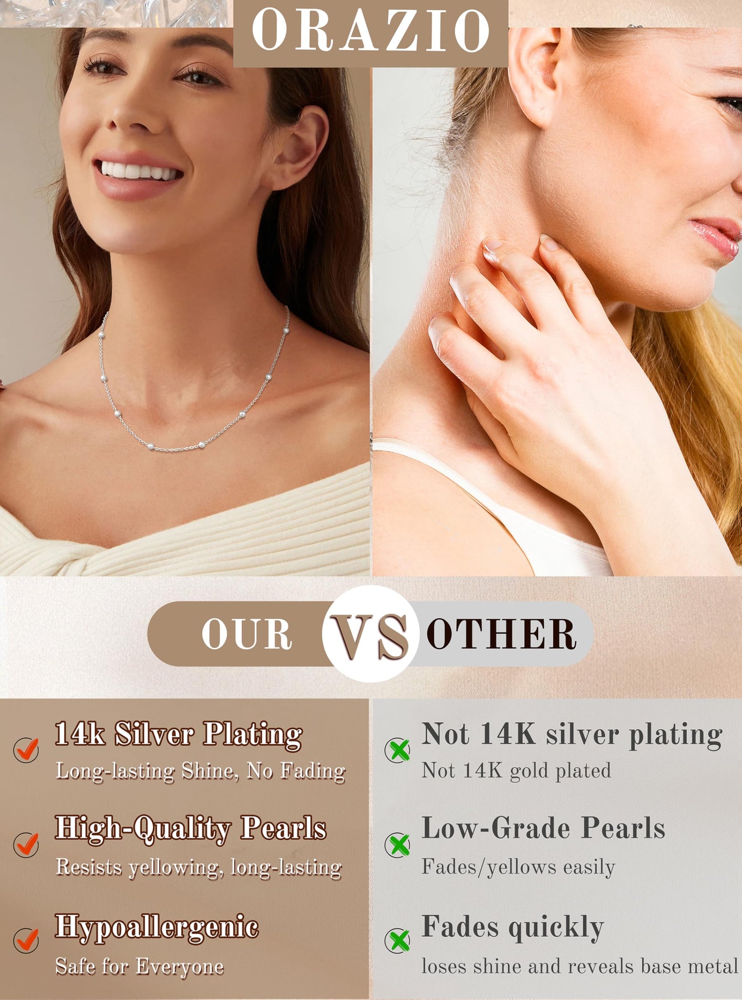 ORAZIO Dainty Gold Pearl Necklaces for Women, Silver Plated Faux Pearl Choker Necklaces Trendy Small Pearl Necklace Strand Wedding Prom Bridal Pearls Jewelry Gifts 20 in 8mm