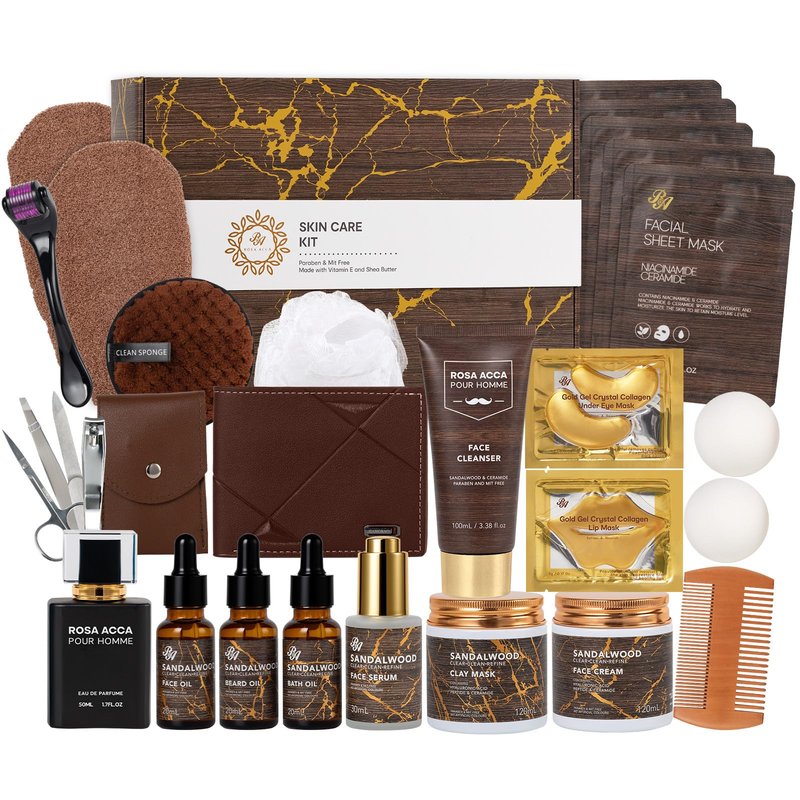 30 Pcs Men Sandalwood Facial Skin Care Set for Men, Father's Day Gifts, Beard Grooming Set, Bath & Body Gift Basket Set, Bath Bomb, Birthday, Valentines, Husband, Holiday, Christmas, Dad, Anniversary