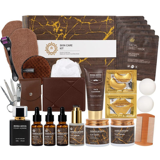 30 Pcs Men Sandalwood Facial Skin Care Set for Men, Father's Day Gifts, Beard Grooming Set, Bath & Body Gift Basket Set, Bath Bomb, Birthday, Valentines, Husband, Holiday, Christmas, Dad, Anniversary