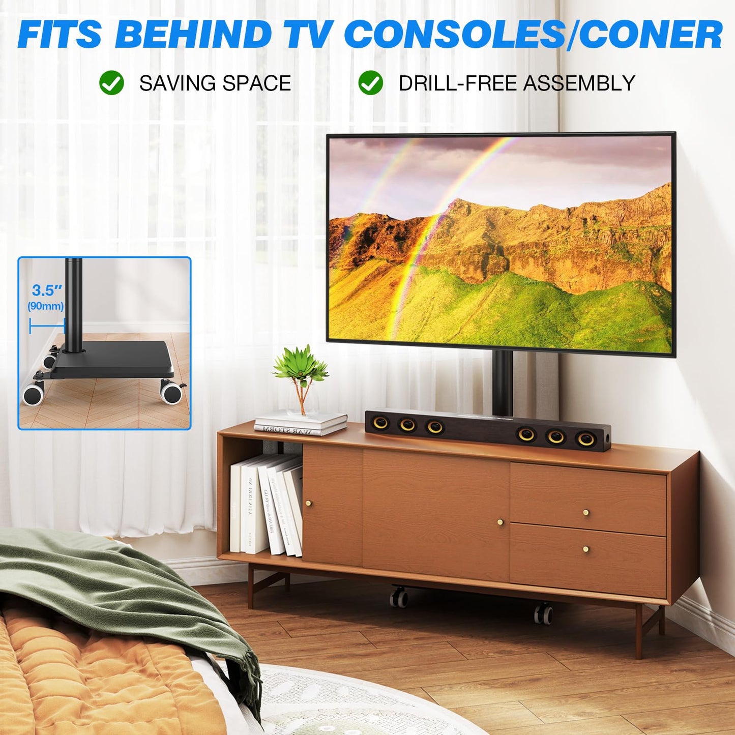 Rfiver Rolling TV Stand for 32 to 55 60 Inch TVs up to 88lbs, Height Adjustable Mobile TV Stand with Wood Base, Space-Saving Design Tall TV Cart Floor Stands for Living Room, Bedroom, Corner