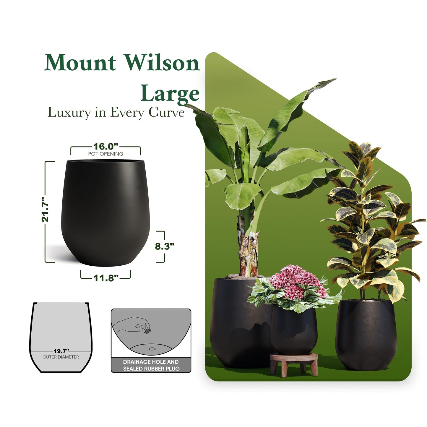 DTY Premium Mt Wilson Tall Tapered Fiberstone Planter for Indoor Outdoor Use, Modern Large Olive Tree Pot with Drainage Hole, Includes 2 Coco Mats. Black, Large 20.1'' D x 21.9'' H. 15.4” Pot Opening